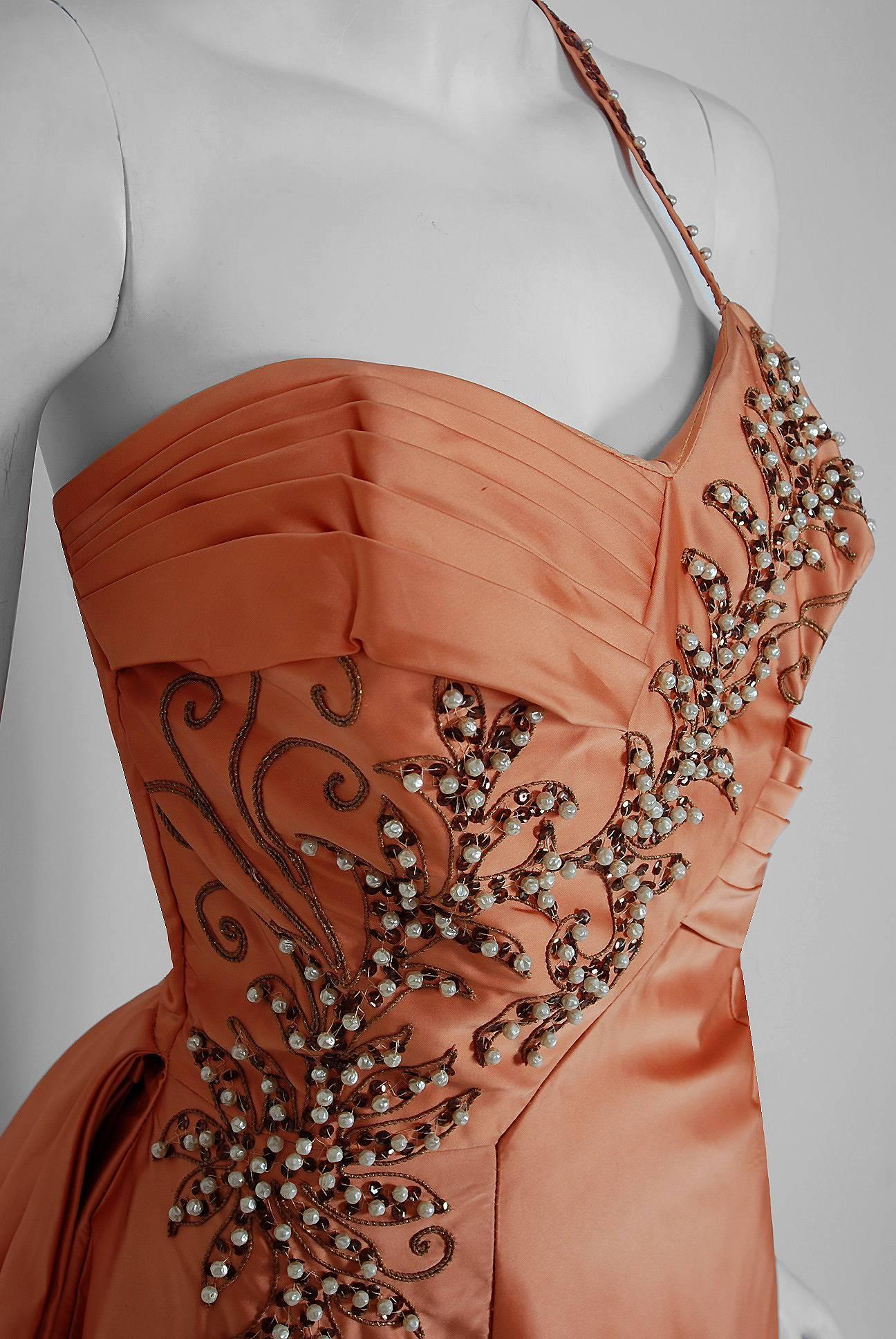 1950's Emma Domb Peach Beaded Satin Asymmetric One-Shoulder Cocktail Dress  In Excellent Condition In Beverly Hills, CA