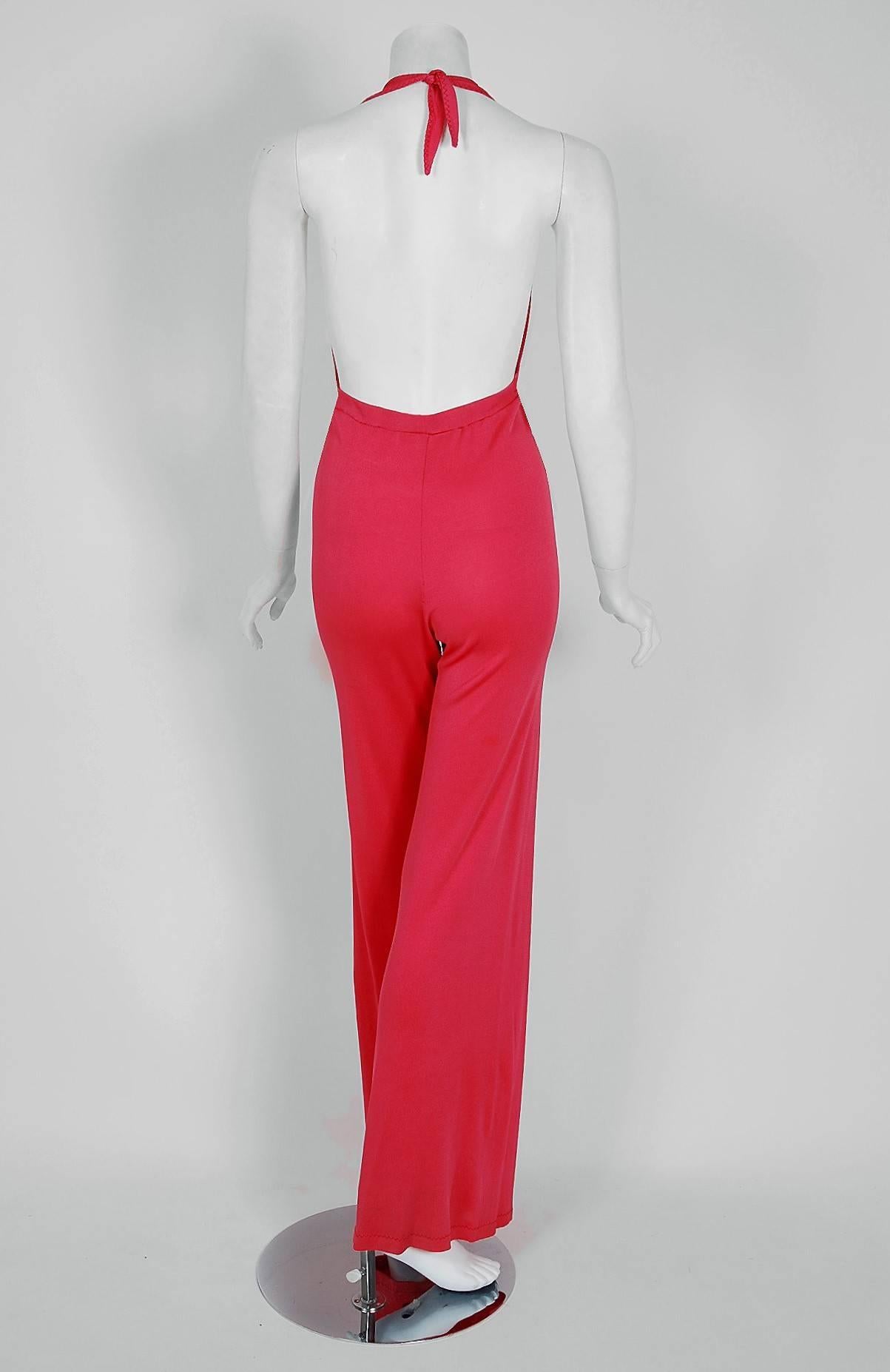 1970's Stephen Burrows Bubblegum-Pink Jersey Halter Plunge Backless Jumpsuit In Excellent Condition In Beverly Hills, CA