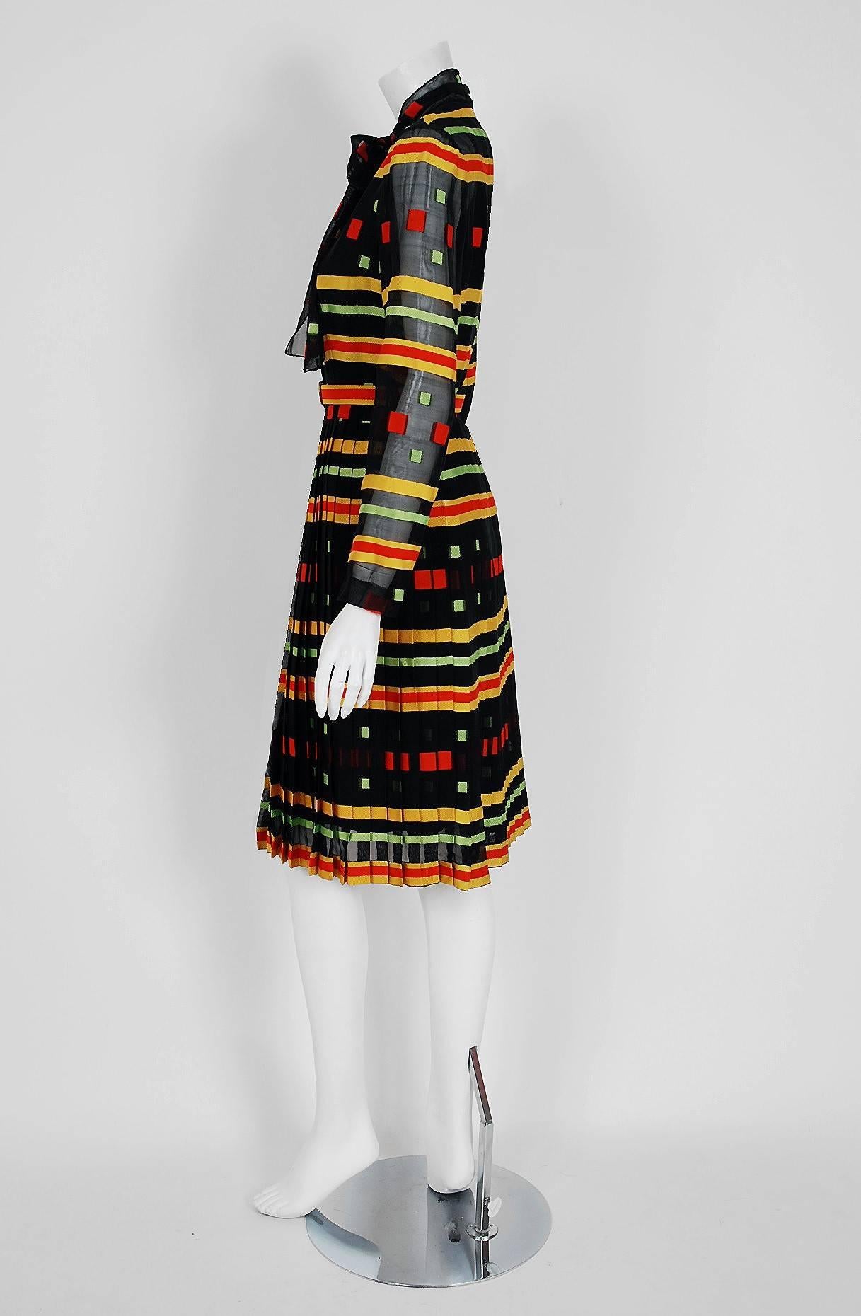 Women's 1973 Givenchy Colorful Striped Illusion Pleated Silk Ascot-Bow Belted Dress   