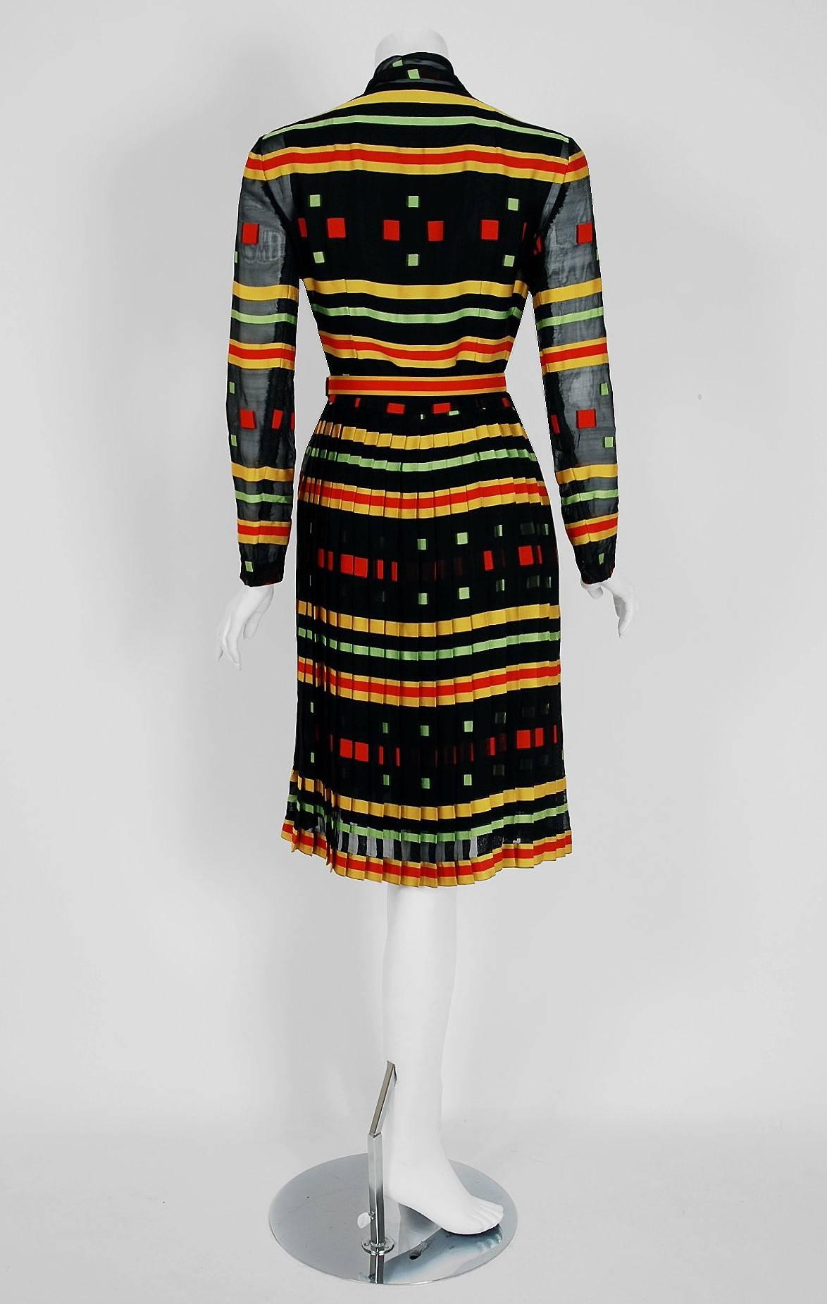 1973 Givenchy Colorful Striped Illusion Pleated Silk Ascot-Bow Belted Dress    1