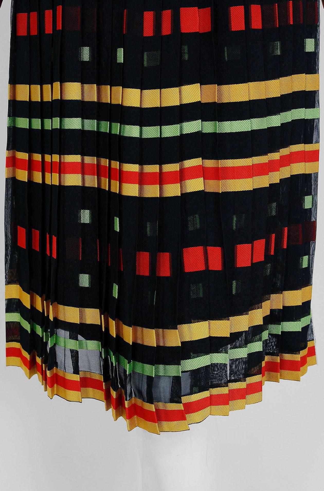 1973 Givenchy Colorful Striped Illusion Pleated Silk Ascot-Bow Belted Dress    In New Condition In Beverly Hills, CA