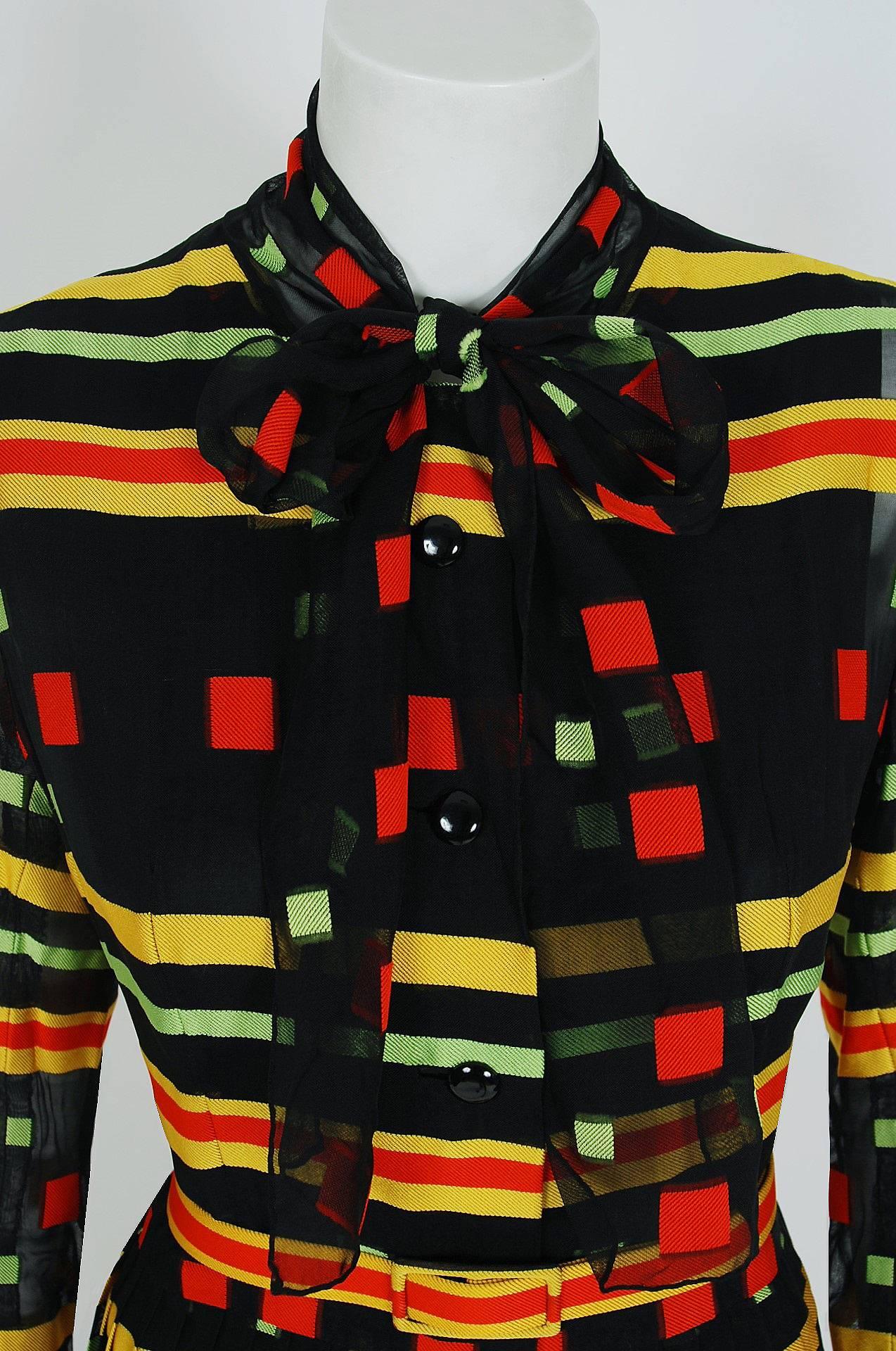 Black 1973 Givenchy Colorful Striped Illusion Pleated Silk Ascot-Bow Belted Dress   