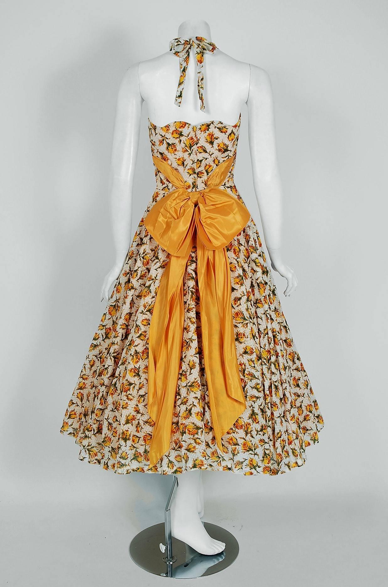 1950's Lilli Diamond Yellow-Roses Floral Textured Cotton Halter Back-Bow Dress 1