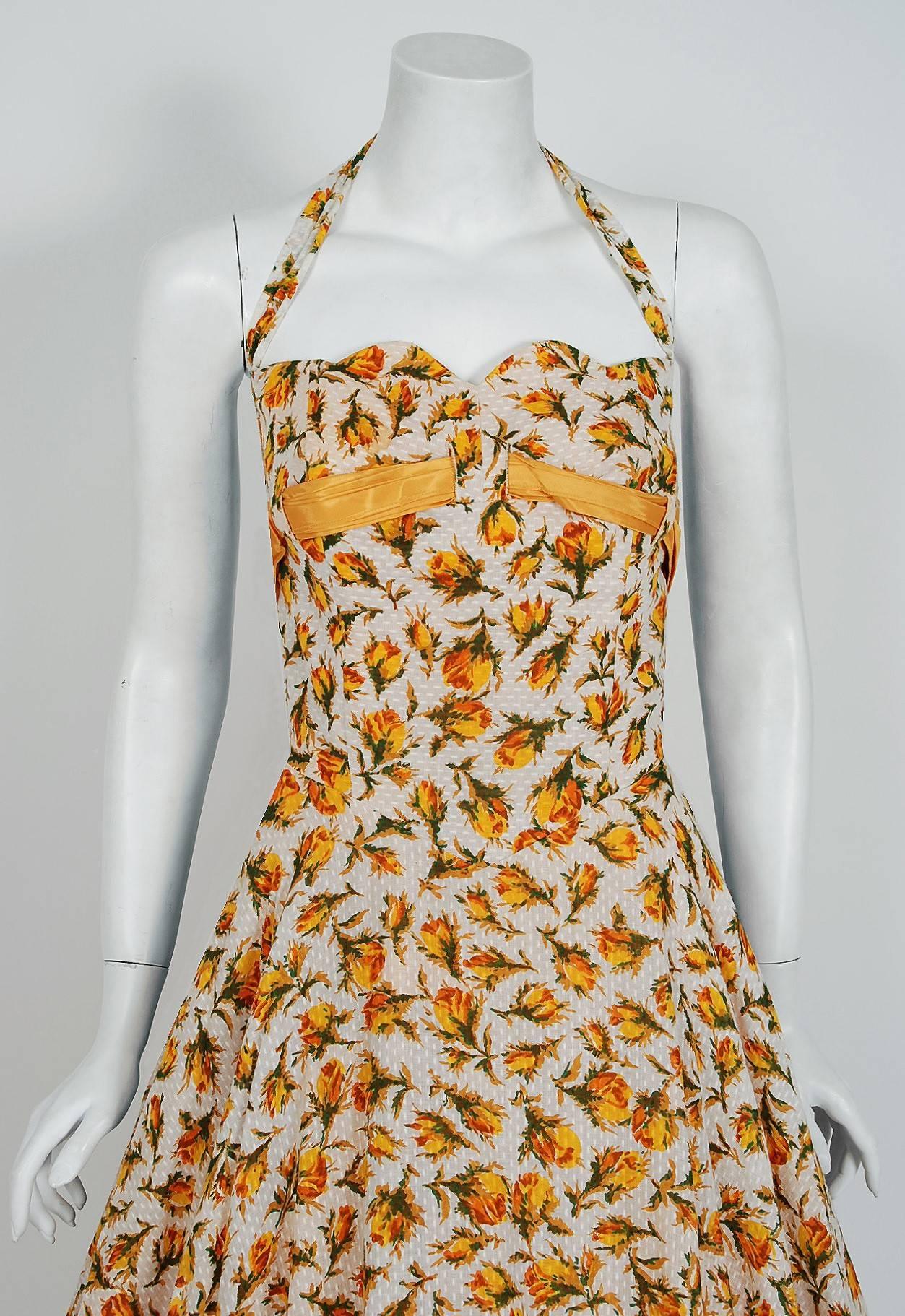 Beige 1950's Lilli Diamond Yellow-Roses Floral Textured Cotton Halter Back-Bow Dress