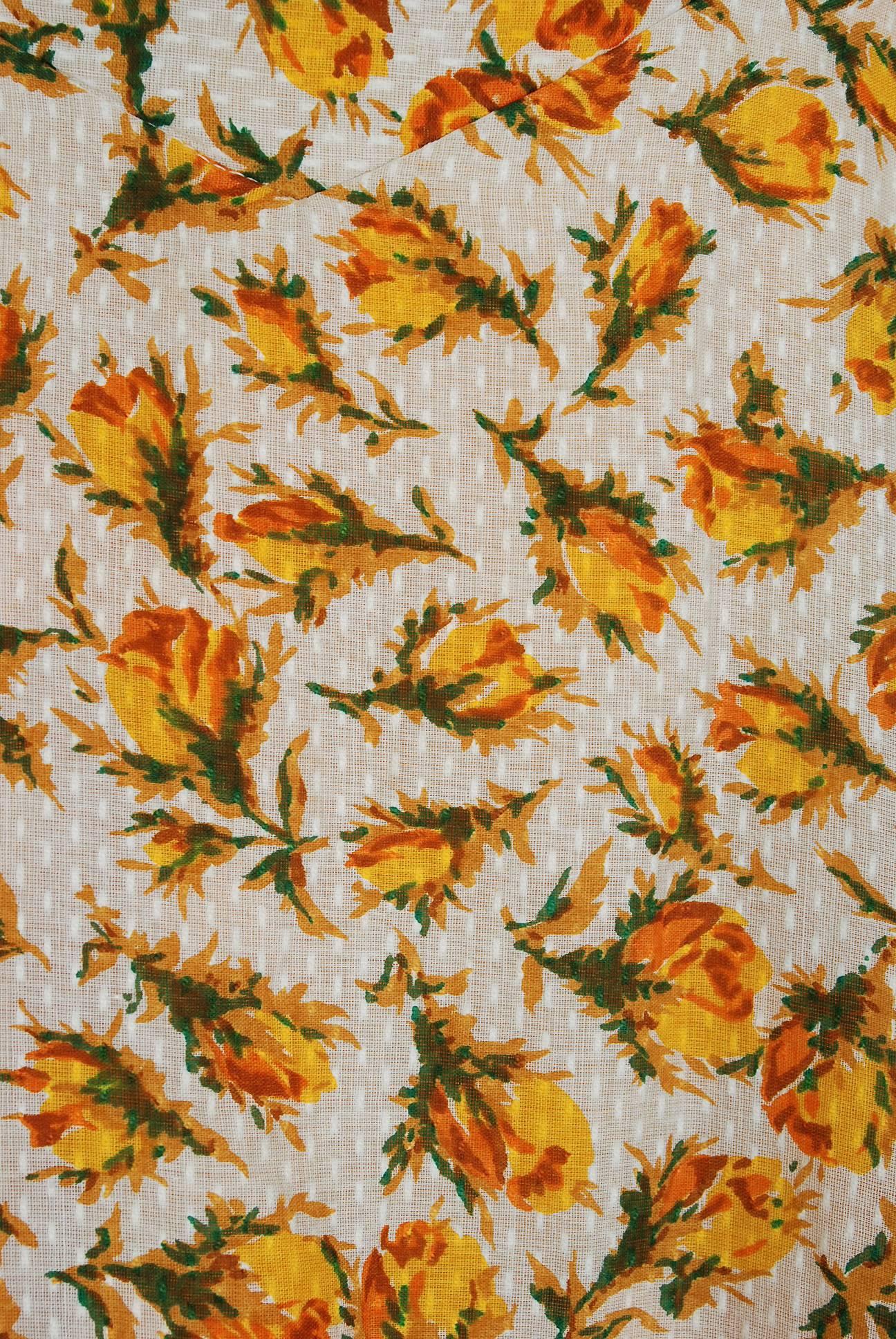 Women's 1950's Lilli Diamond Yellow-Roses Floral Textured Cotton Halter Back-Bow Dress