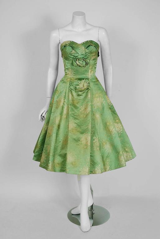 1950's Sage-Green Metallic Floral Silk Strapless Full-Skirt Party Dress ...
