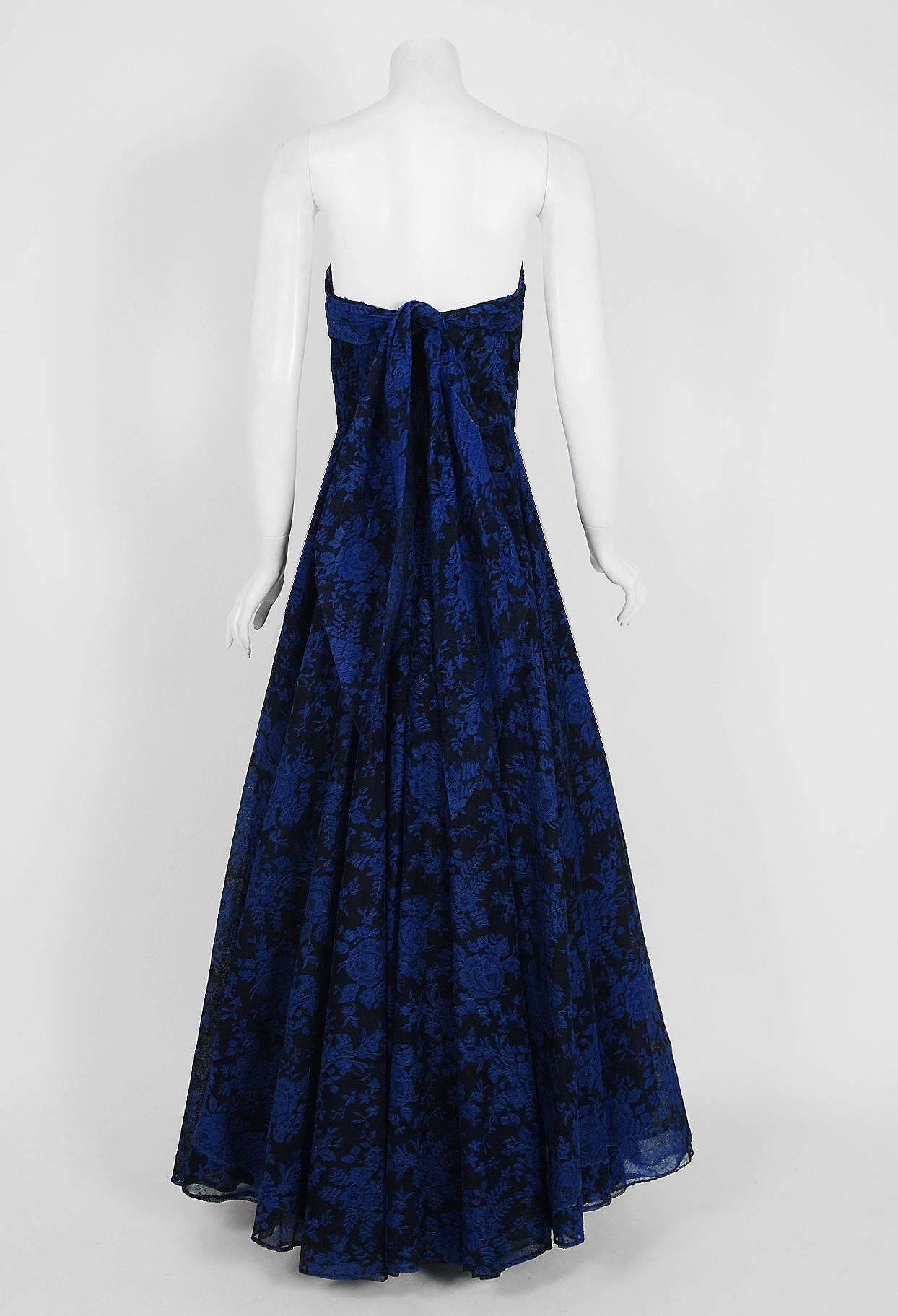 1950's Elizabeth Arden Couture Blue-Roses Lace Strapless Hourglass Trained Gown 1