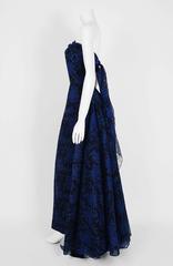 1950's Elizabeth Arden Couture Blue-Roses Lace Strapless Hourglass Trained Gown