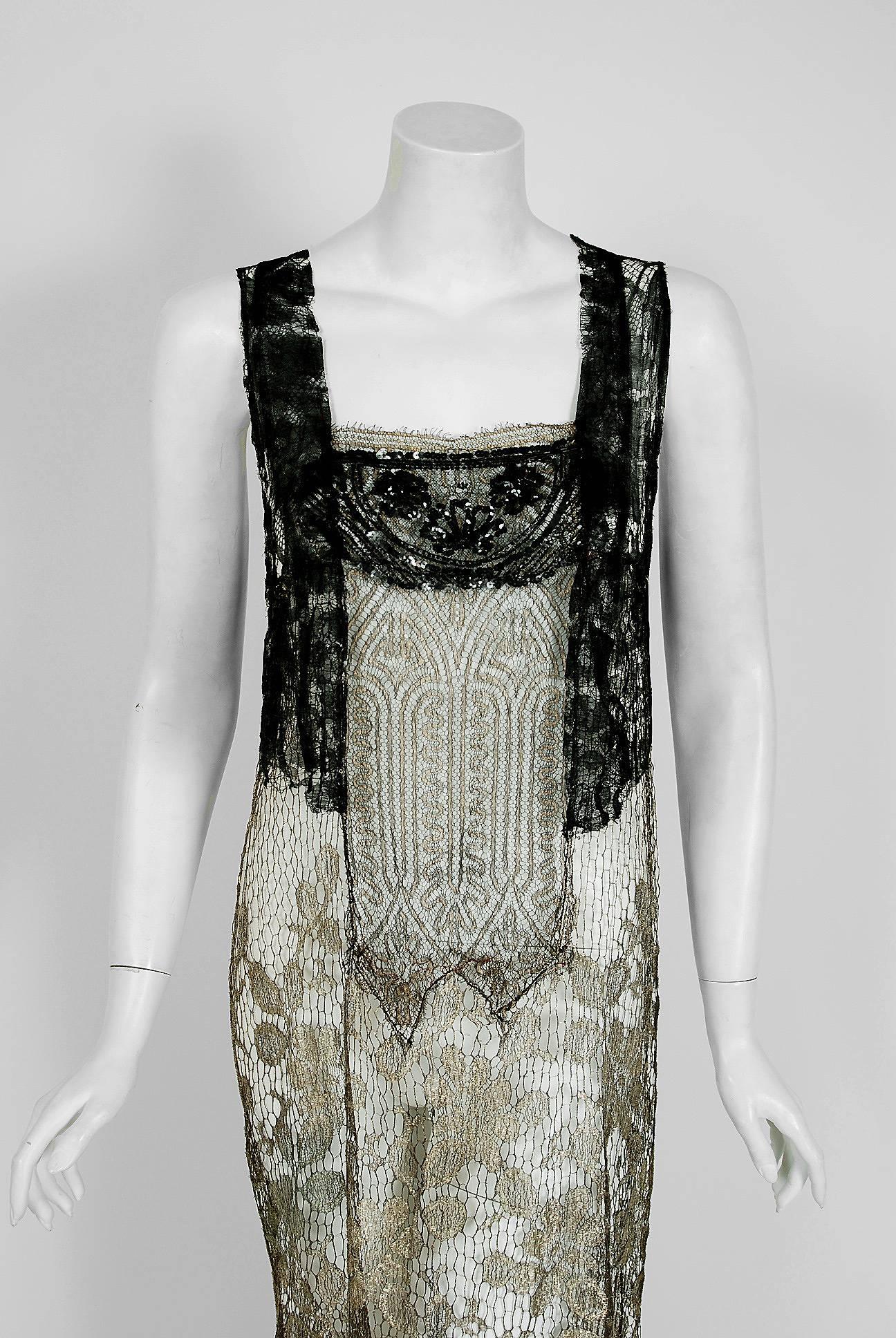 Romantic flapper dresses from the early 20th century are perennial favorites and this one is a show-stopper! The garment's simple unstructured style is so modern; the fine couture fabrics and beadwork are a treasure trove of needle art. The dress is