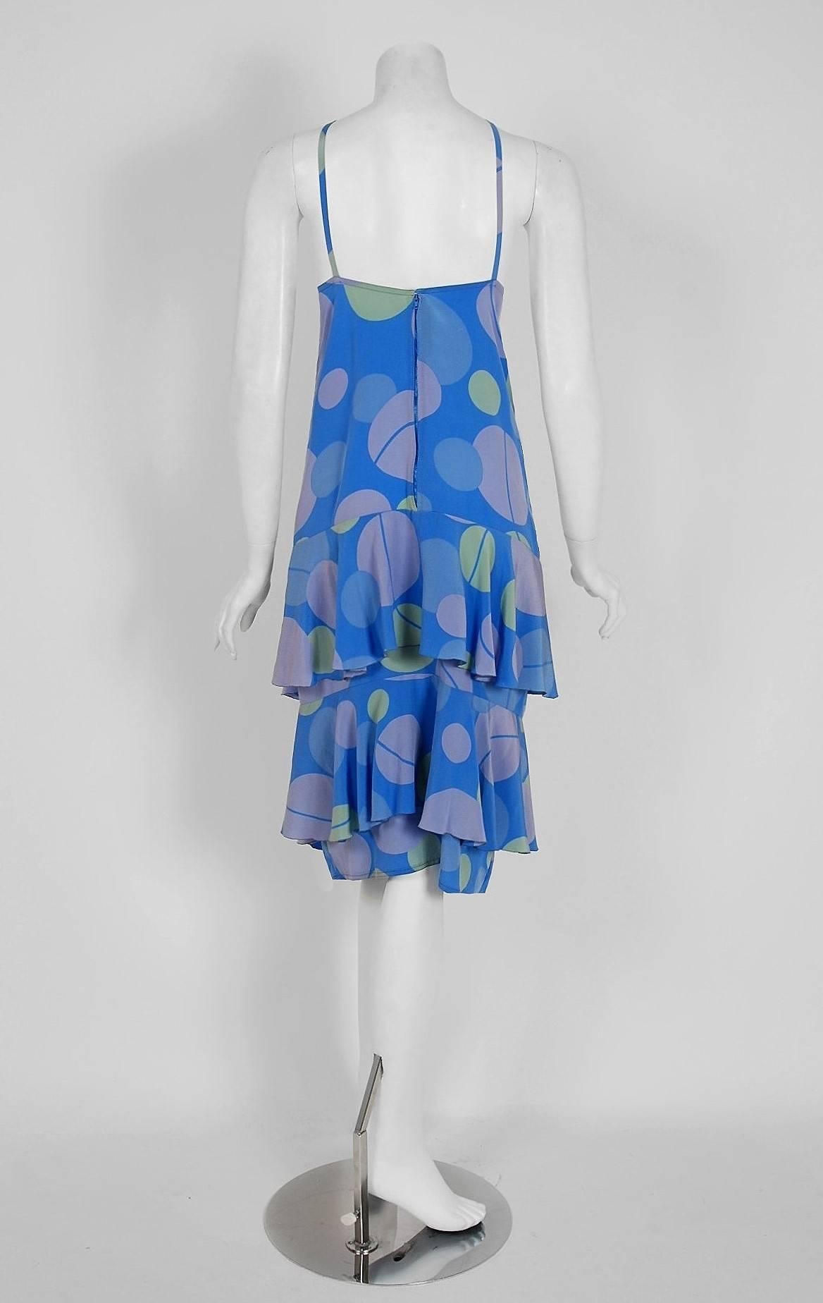 Blue Vintage 1970's Chloe by Karl Lagerfeld Periwinkle Print Silk Asymmetric Dress For Sale