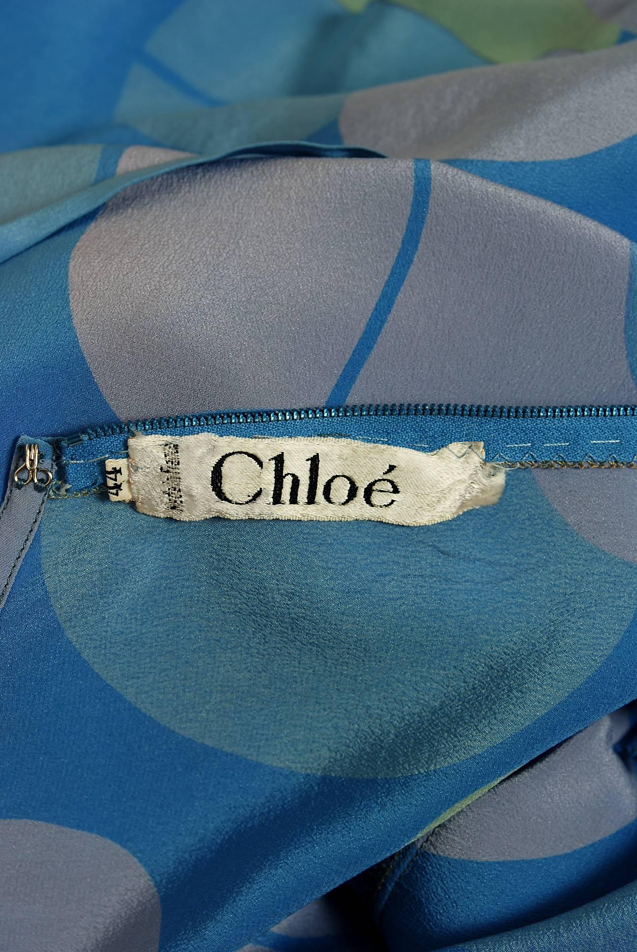 1970's Chloe by Karl Lagerfeld Periwinkle Graphic Print Silk Asymmetric Dress In Good Condition For Sale In Beverly Hills, CA