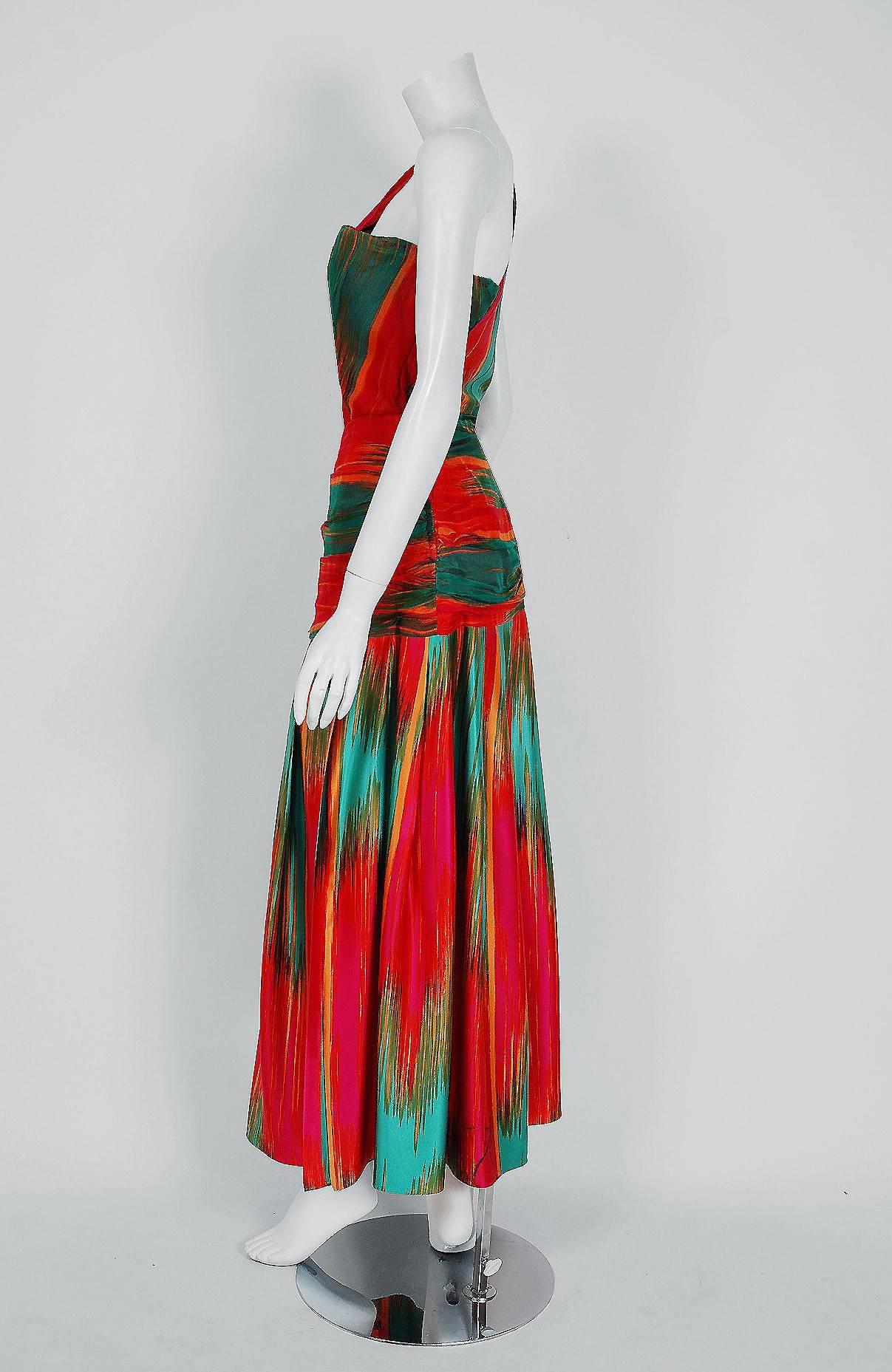 Women's 1975 Lillie Rubin Colorful Abstract Print Silk One-Shoulder Grecian Dress Set