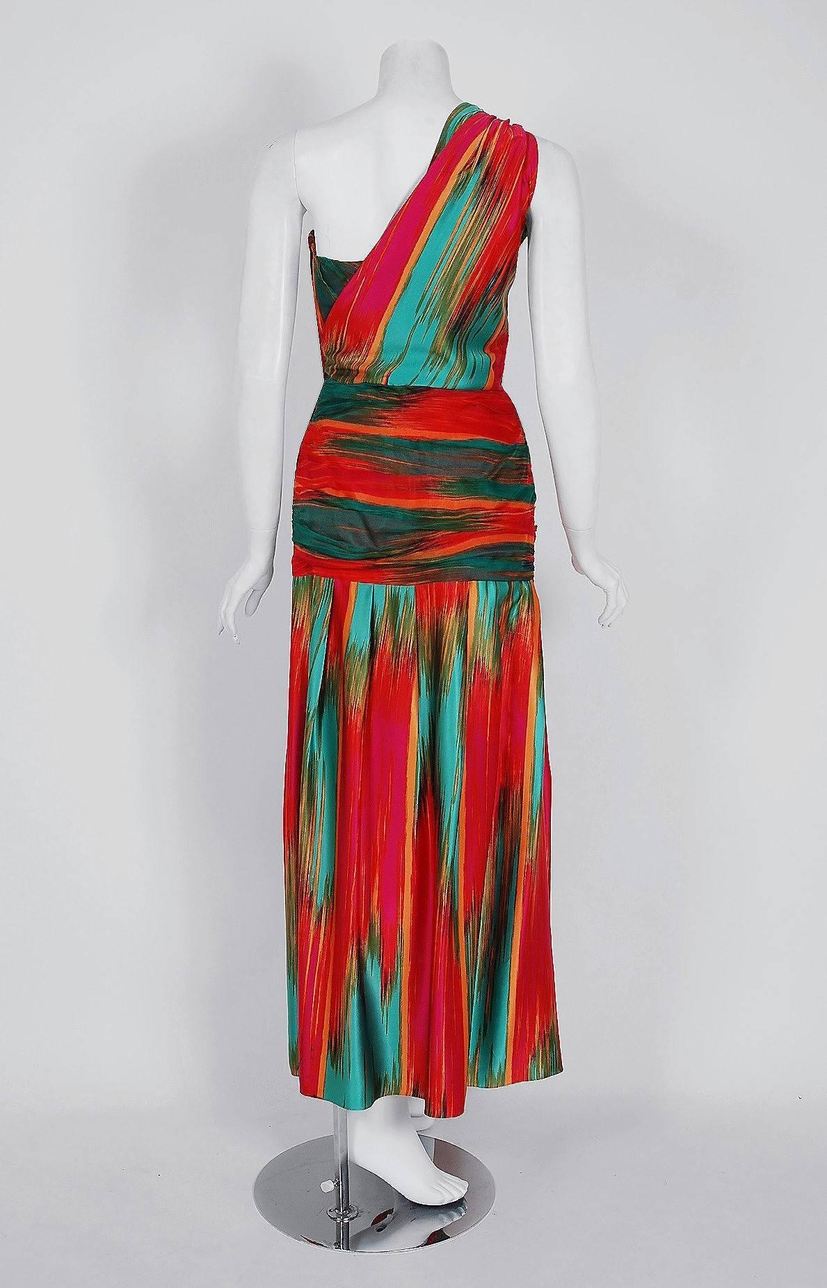 1975 Lillie Rubin Colorful Abstract Print Silk One-Shoulder Grecian Dress Set 1