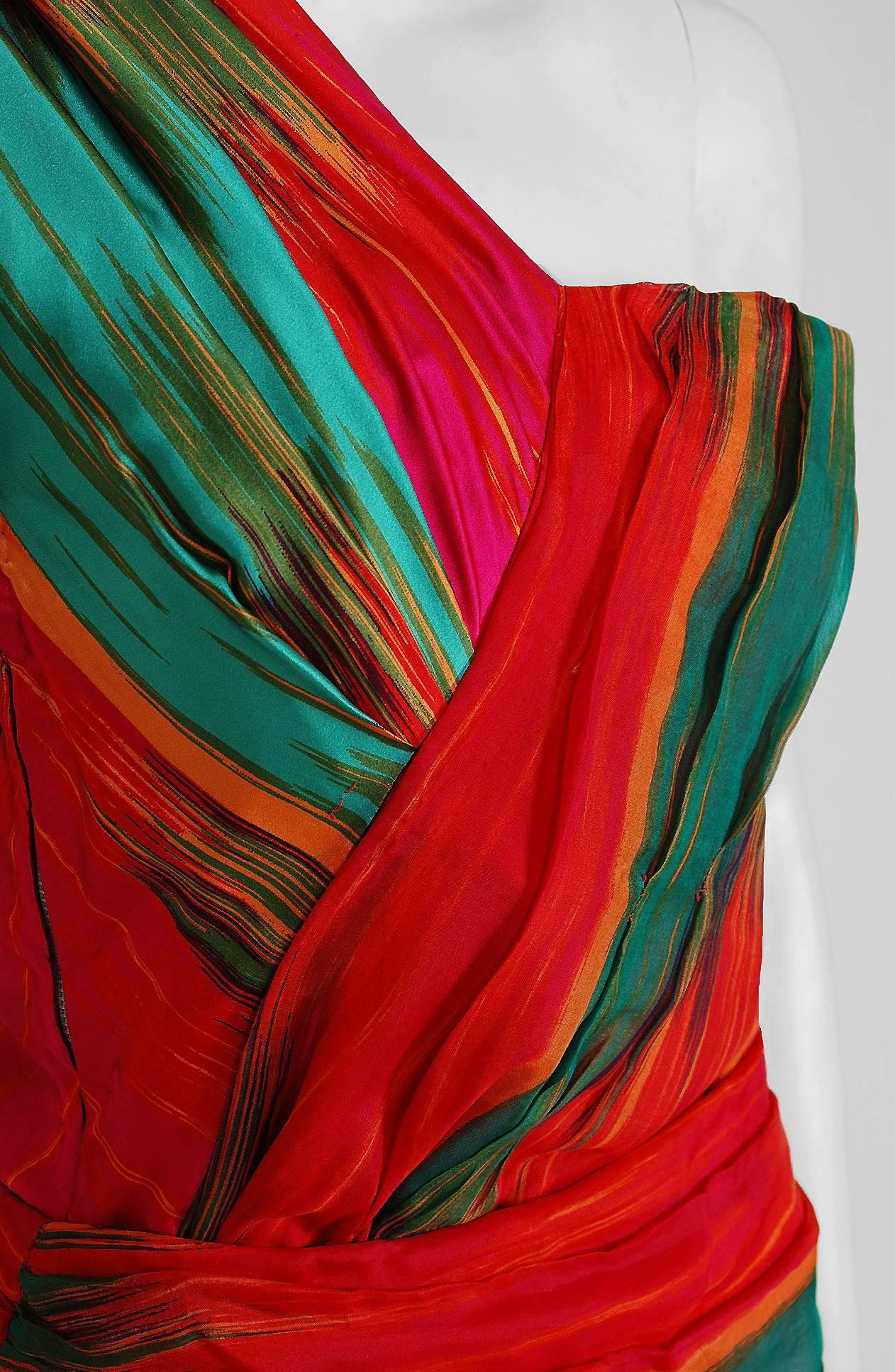 Red 1975 Lillie Rubin Colorful Abstract Print Silk One-Shoulder Grecian Dress Set