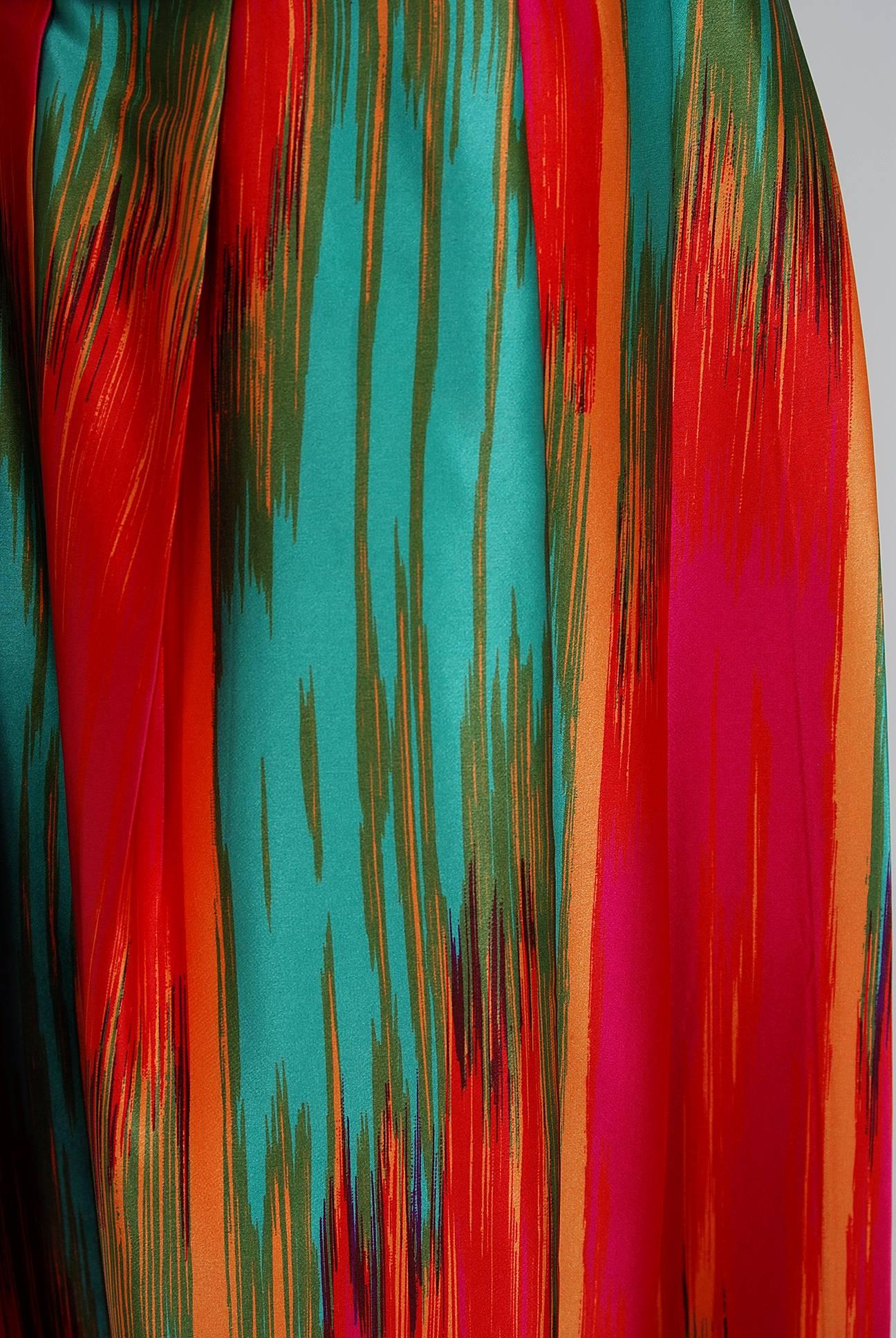1975 Lillie Rubin Colorful Abstract Print Silk One-Shoulder Grecian Dress Set In Excellent Condition In Beverly Hills, CA