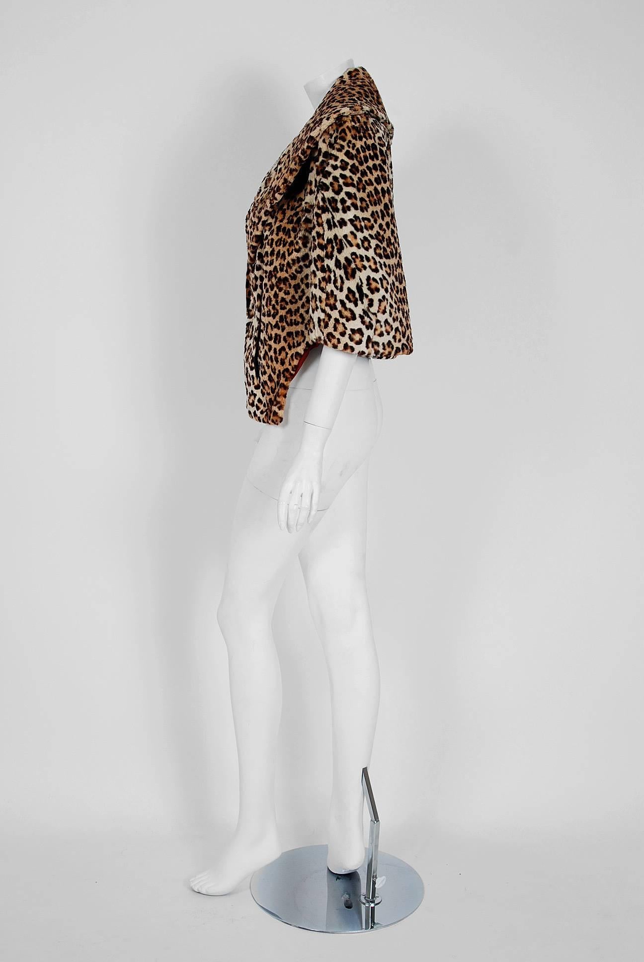 Black 1950's Luxurious Leopard-Print Mouton Wide Portrait-Collar Cropped Bolero Cape