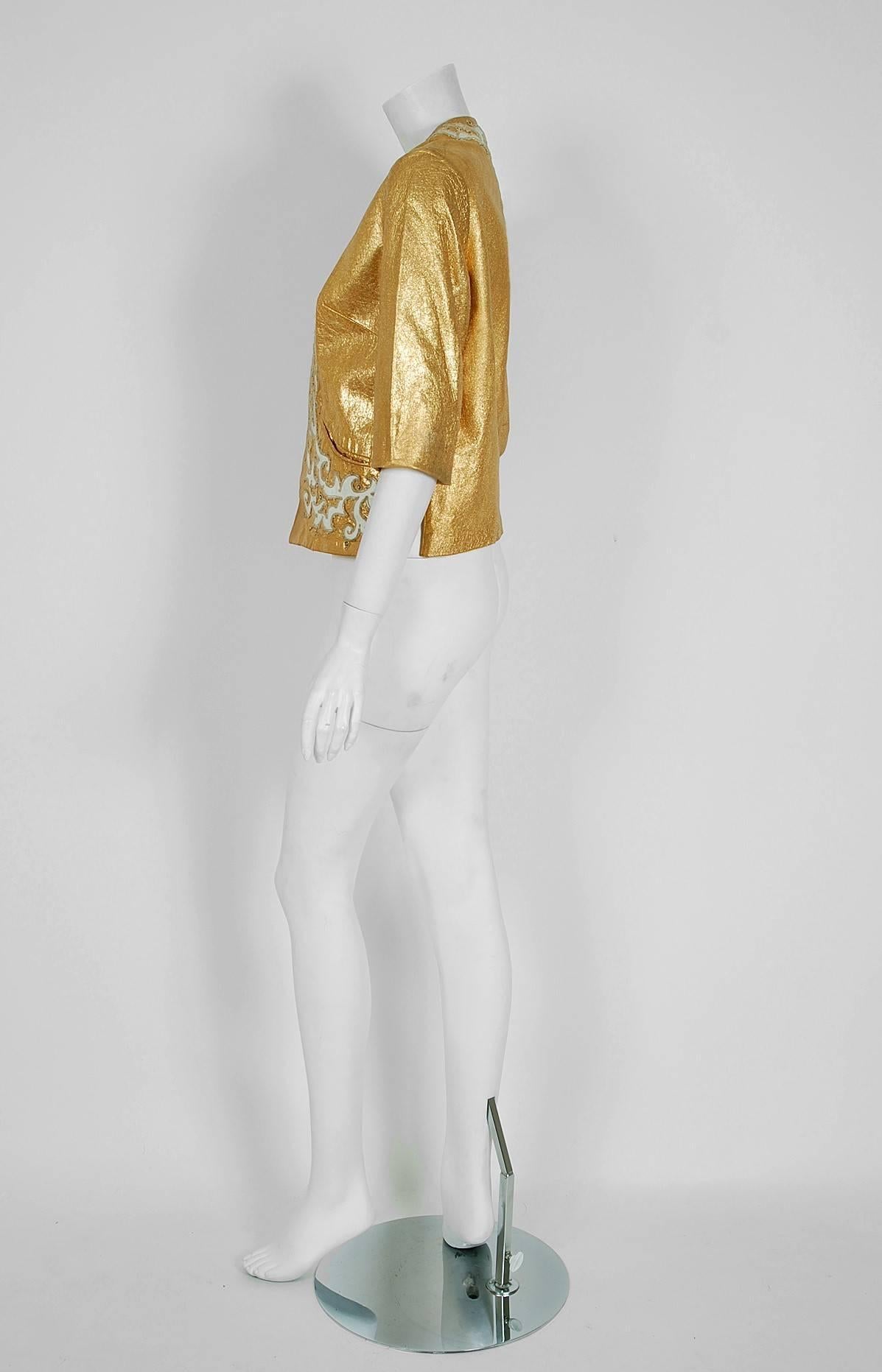 1950's Metallic-Gold Leather Rhinestone Embroidered Applique Cropped Jacket 1