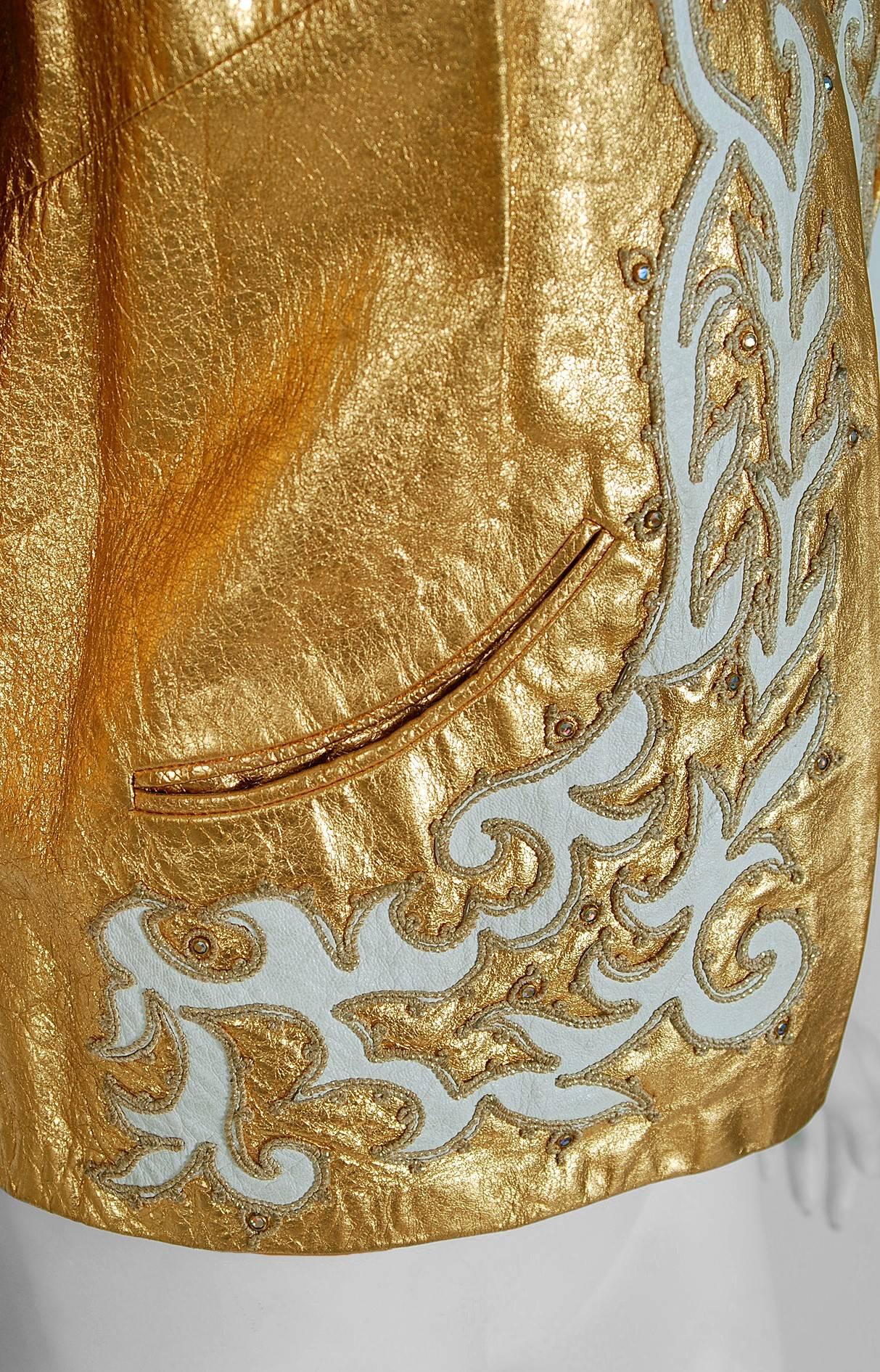 1950's Metallic-Gold Leather Rhinestone Embroidered Applique Cropped Jacket In Excellent Condition In Beverly Hills, CA