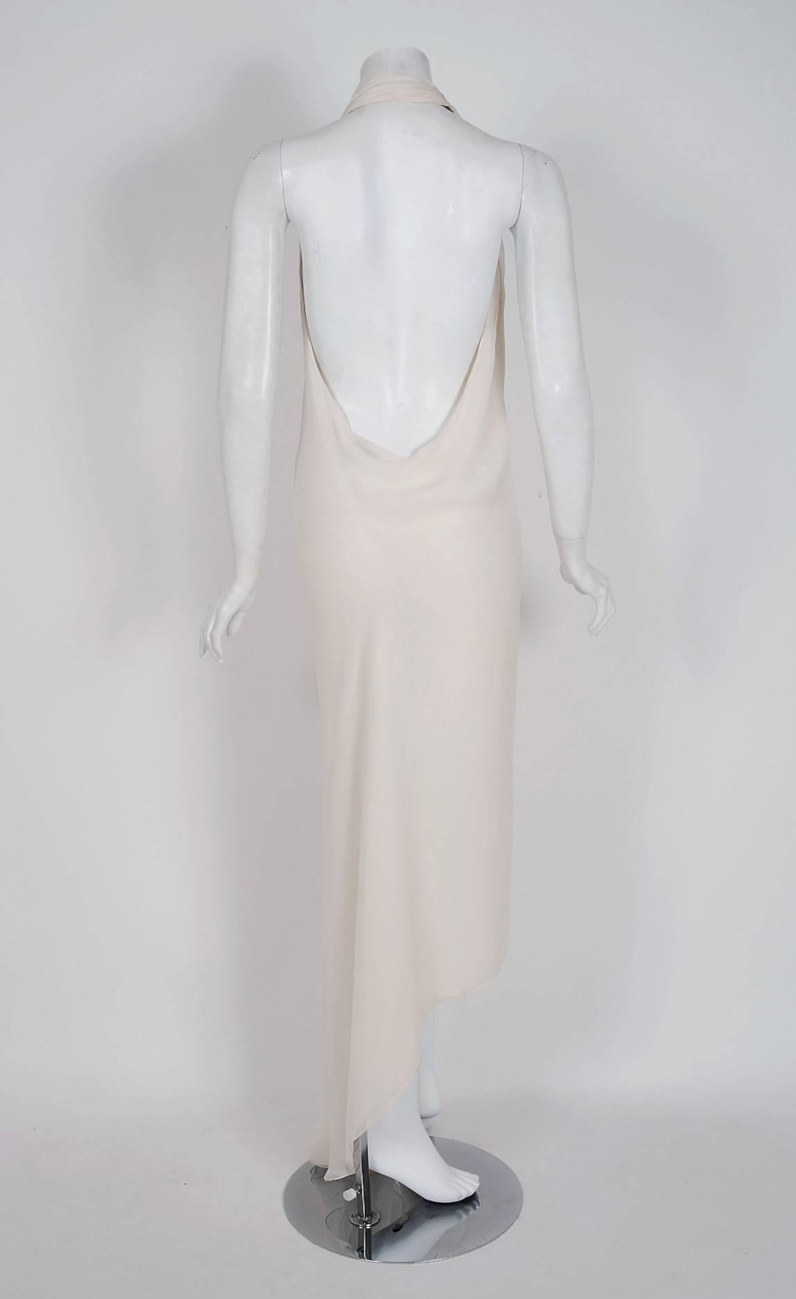 Women's 1970's Halston Ivory-White Silk Chiffon Halter Backless Asymmetric Gown Dress