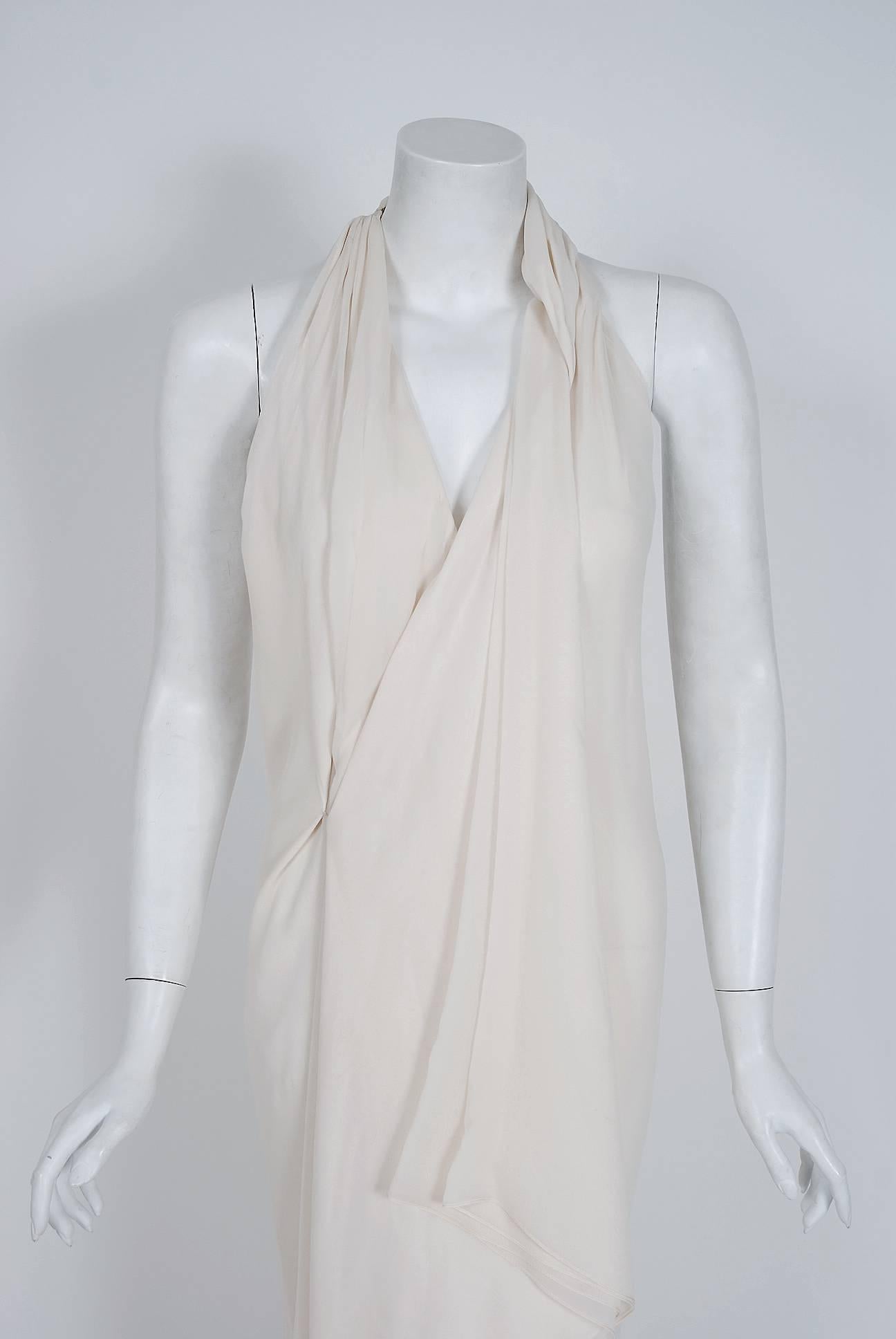 Gray 1970's Halston Ivory-White Silk Chiffon Halter Backless Asymmetric Gown Dress