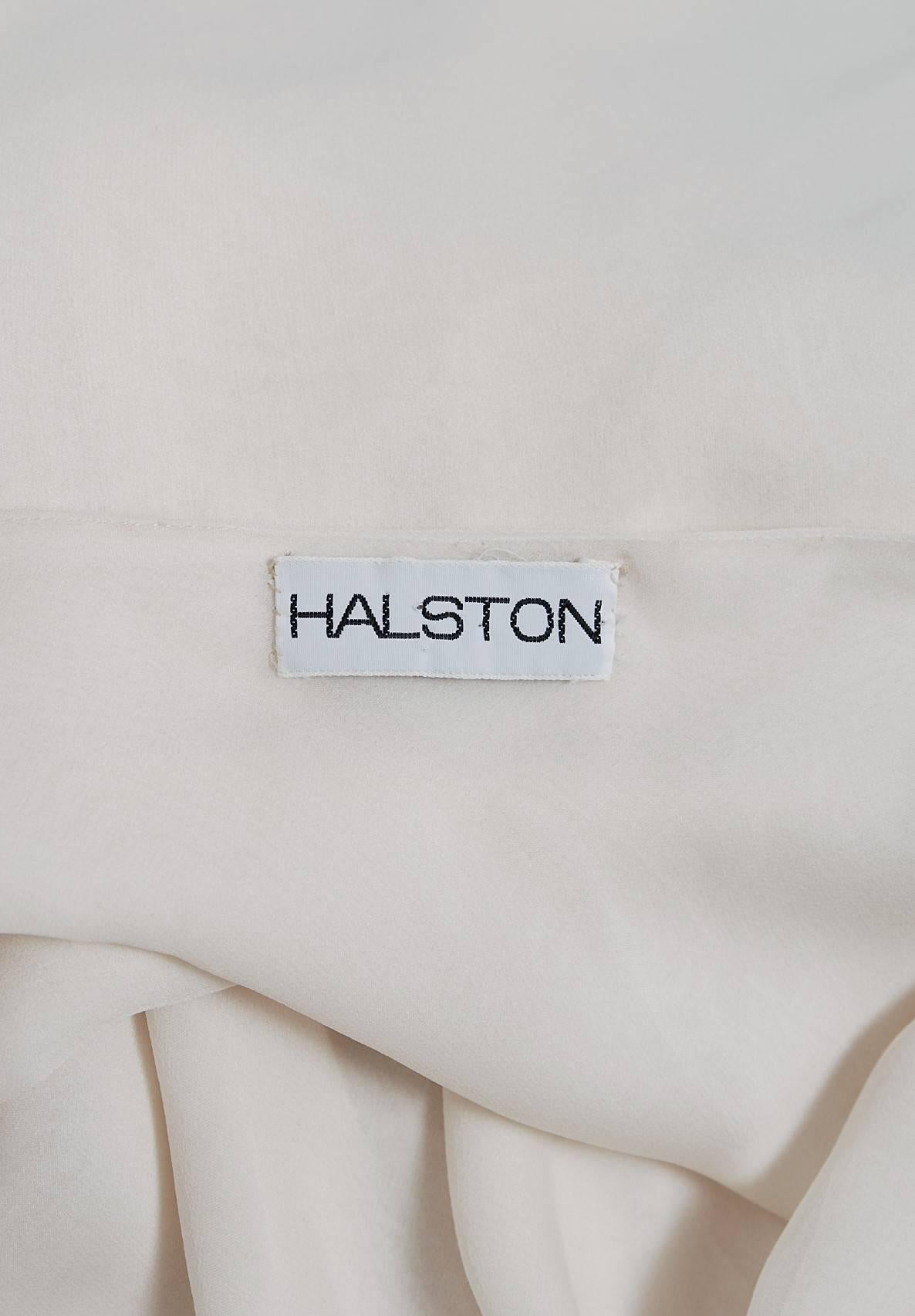 1970's Halston Ivory-White Silk Chiffon Halter Backless Asymmetric Gown Dress 1