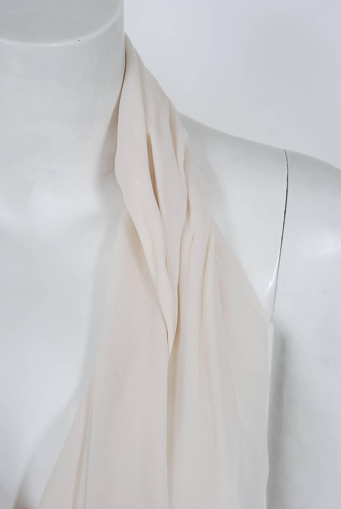 1970's Halston Ivory-White Silk Chiffon Halter Backless Asymmetric Gown Dress In Excellent Condition In Beverly Hills, CA