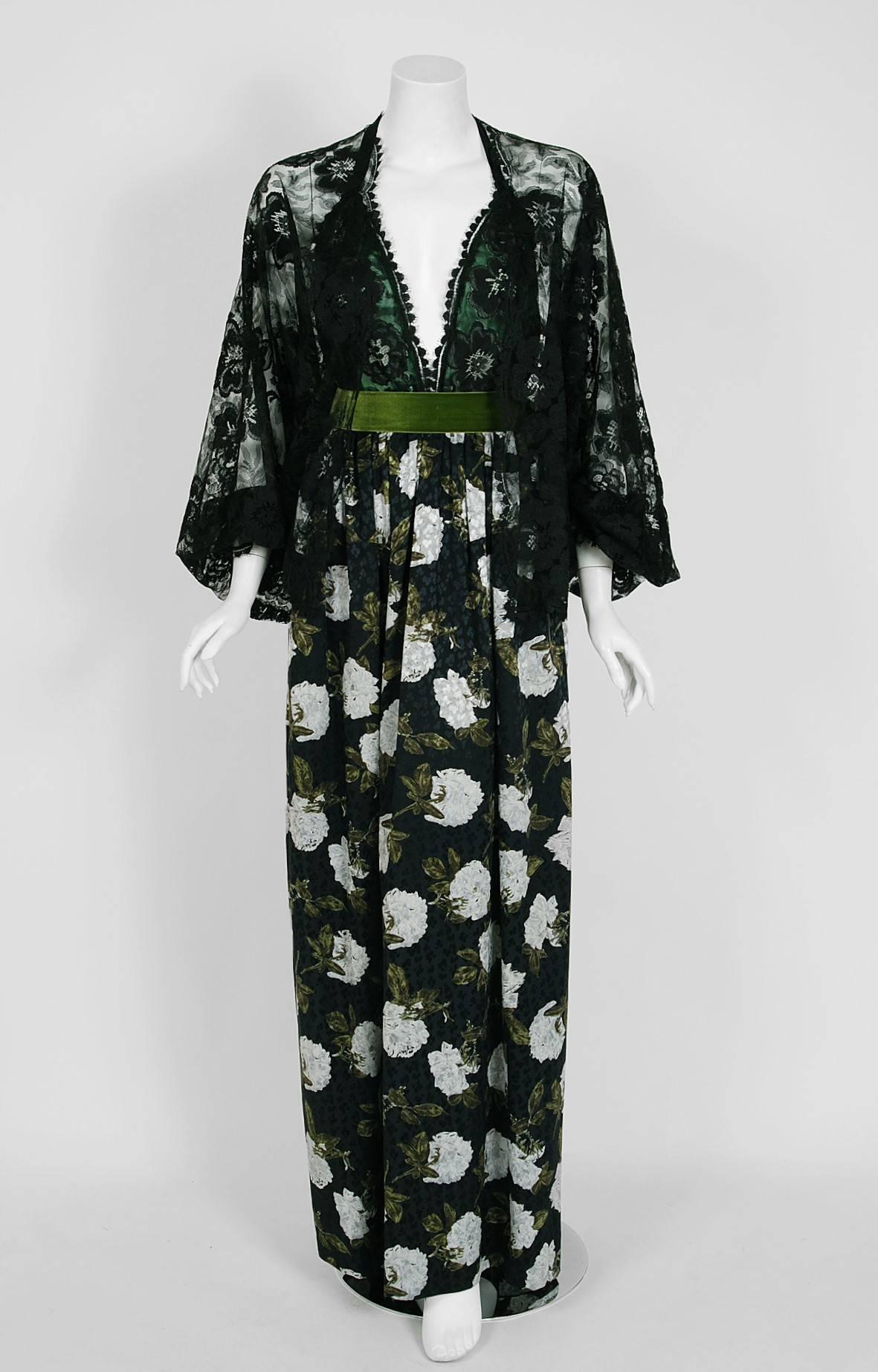 Women's 1970's Galanos Gardenia-Floral Print Silk & Lace Halter Backless Gown & Jacket 