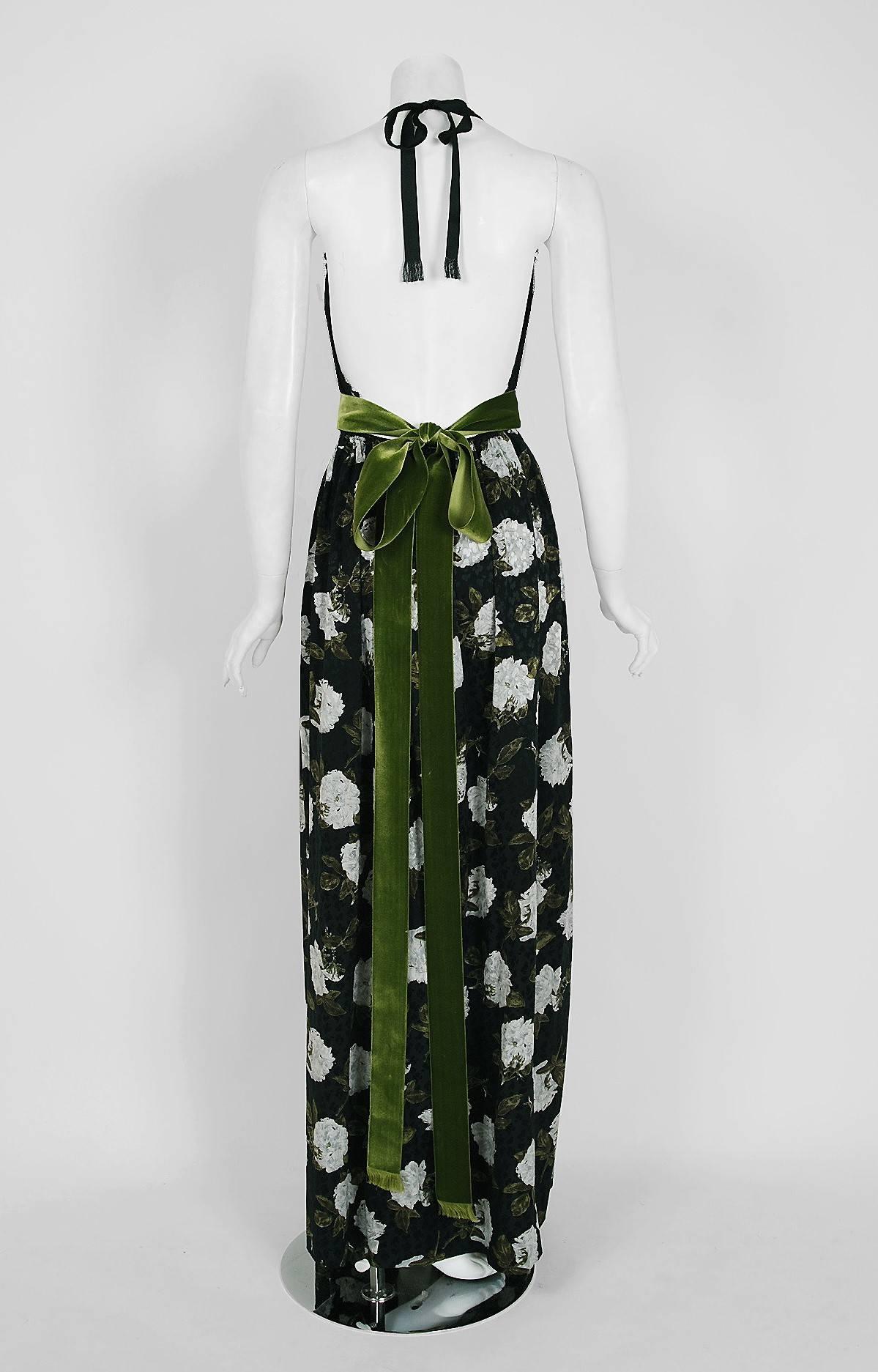 1970's Galanos Gardenia-Floral Print Silk & Lace Halter Backless Gown & Jacket  2