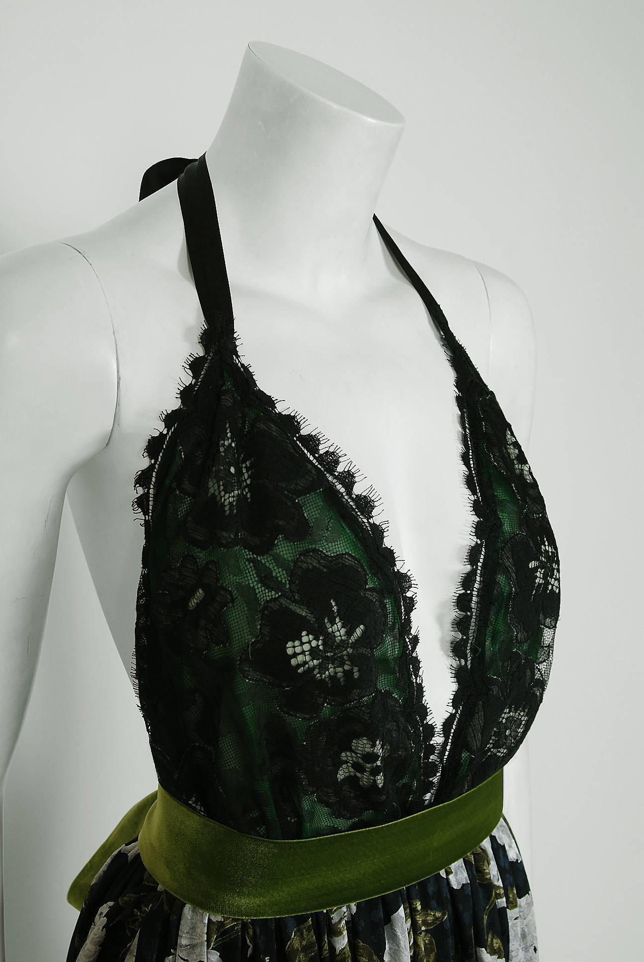 Black 1970's Galanos Gardenia-Floral Print Silk & Lace Halter Backless Gown & Jacket 