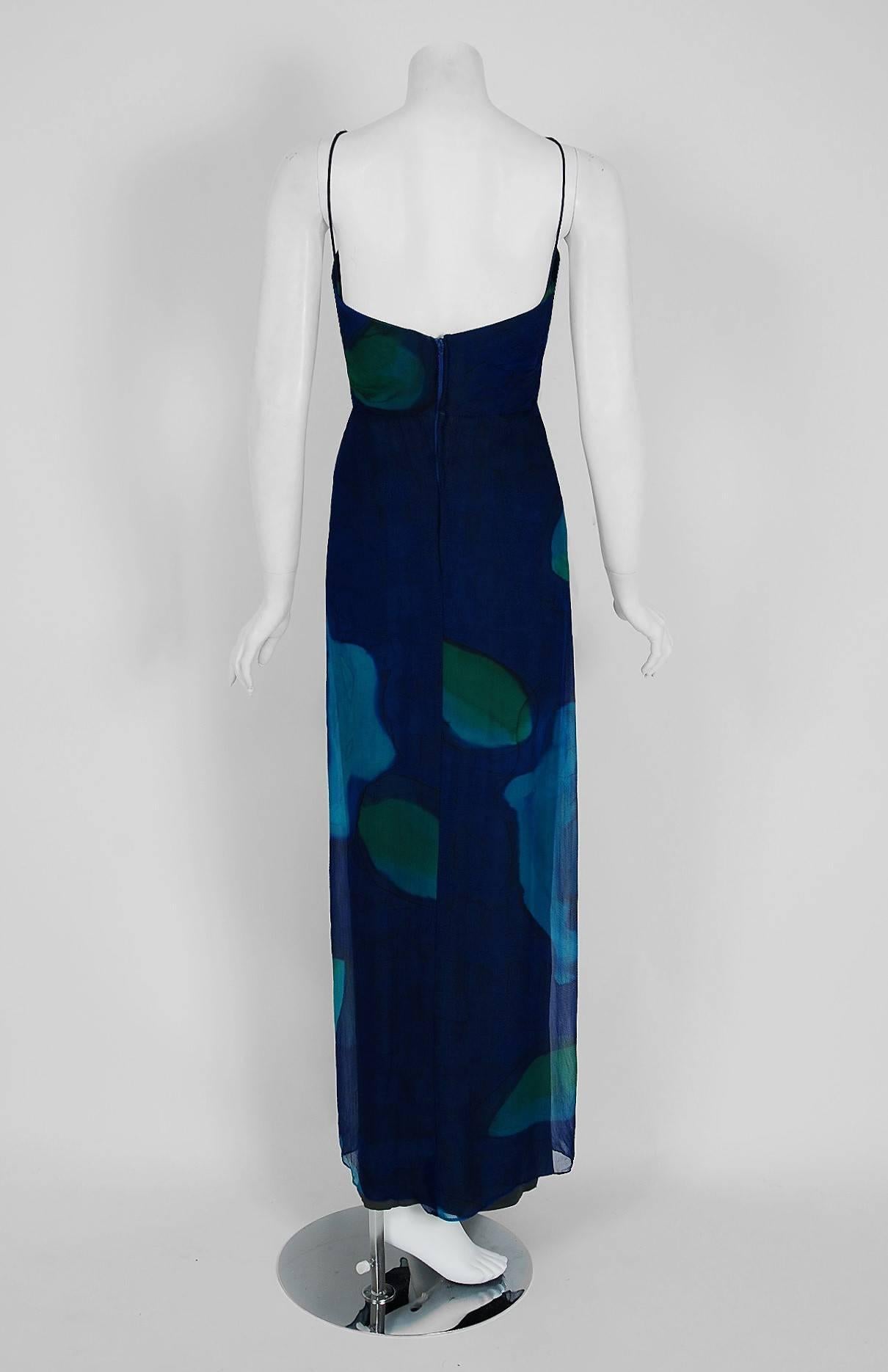1970's Rappi Watercolor Blue Green Abstract Print Silk Ruched Goddess Maxi Dress In Excellent Condition In Beverly Hills, CA