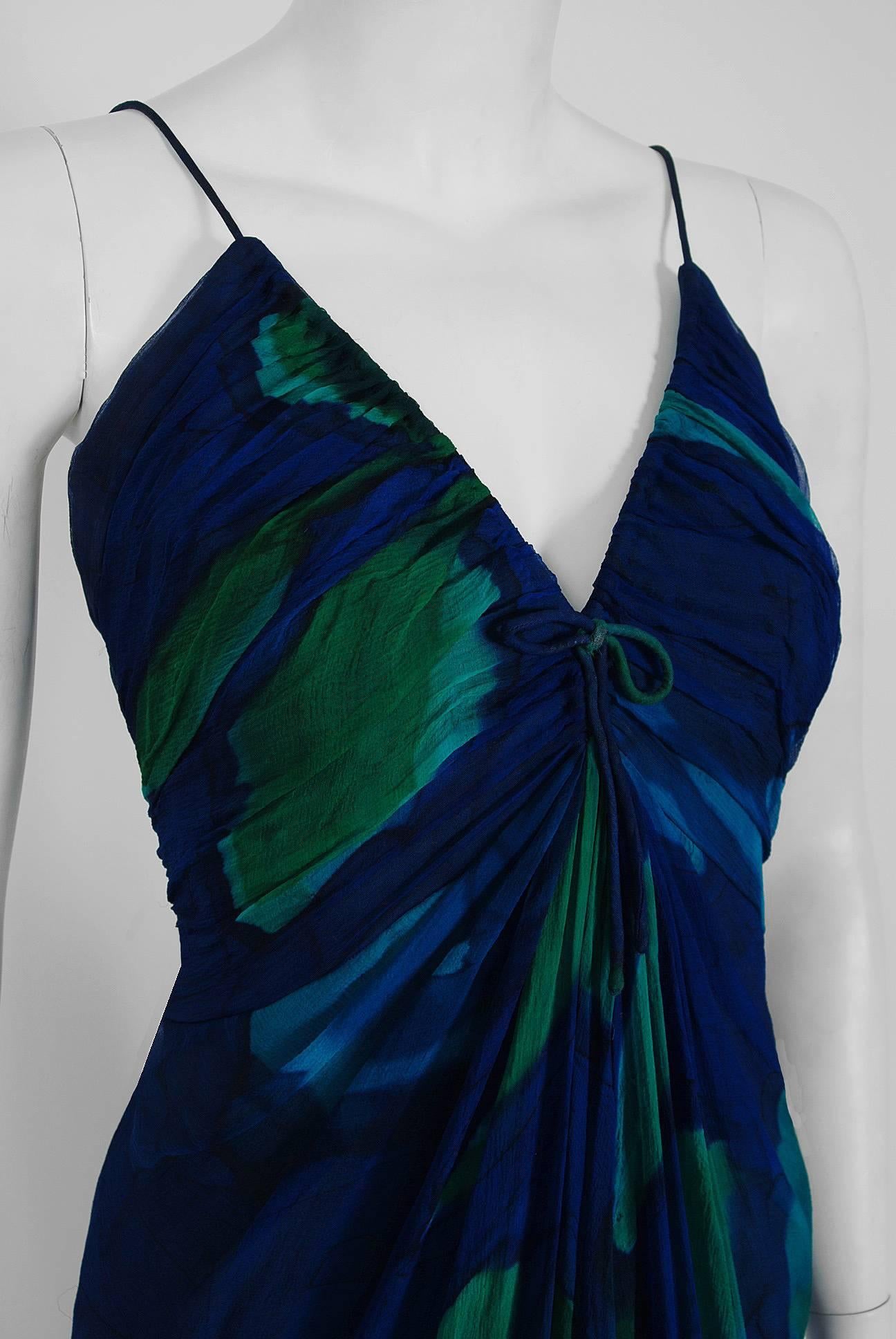 Black 1970's Rappi Watercolor Blue Green Abstract Print Silk Ruched Goddess Maxi Dress
