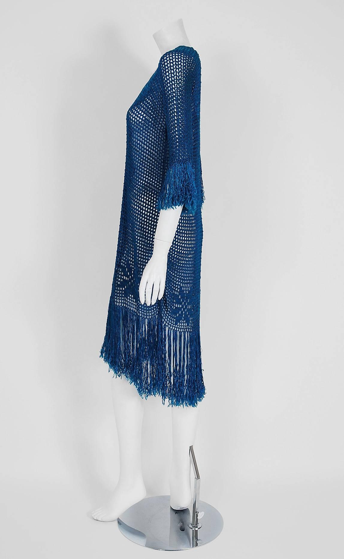 1920's Turquoise-Blue Crochet Silk-Knit Novelty Butterfly Fringe ...