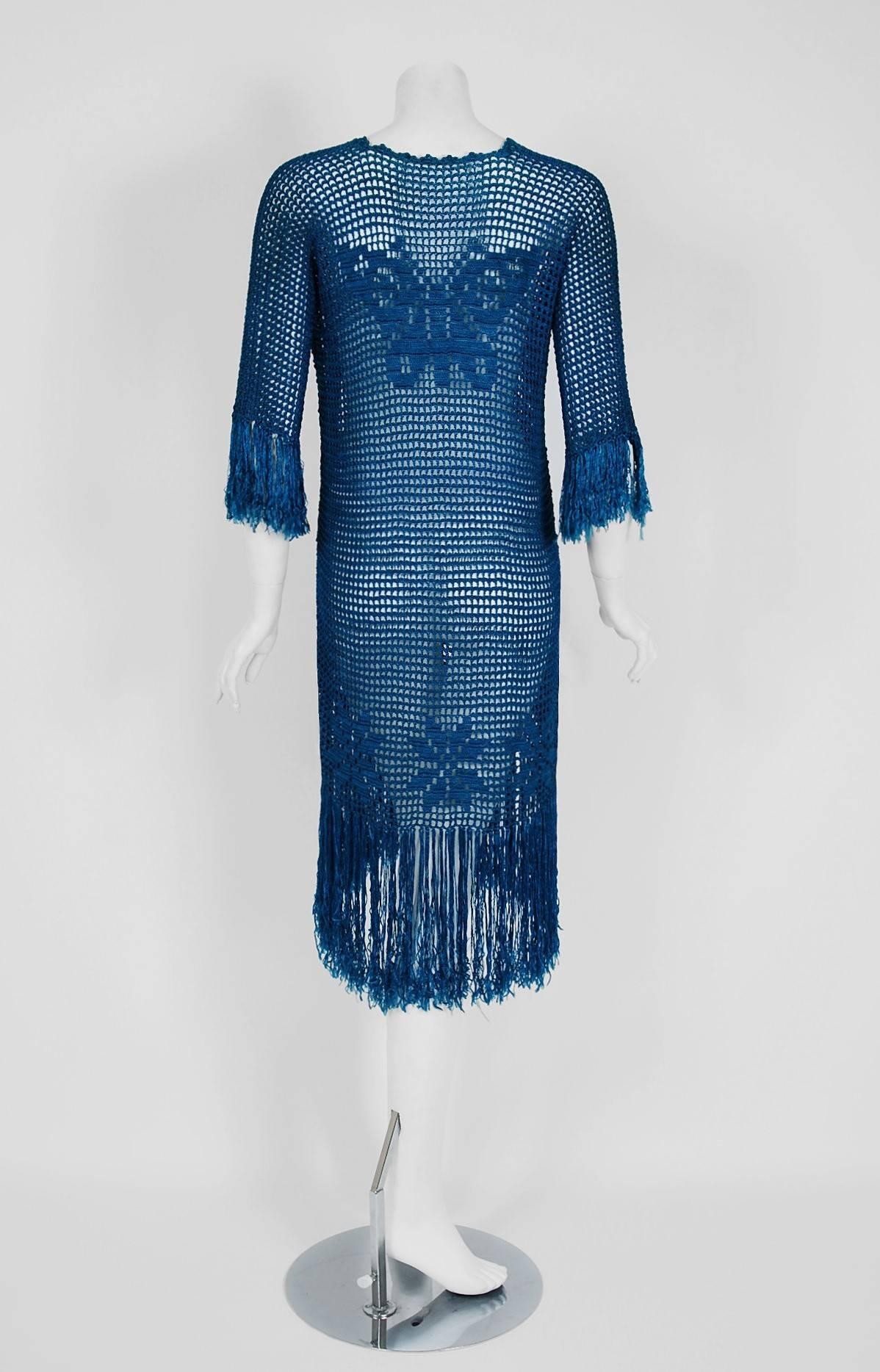 Women's 1920's Turquoise-Blue Crochet Silk-Knit Novelty Butterfly Fringe Flapper Dress
