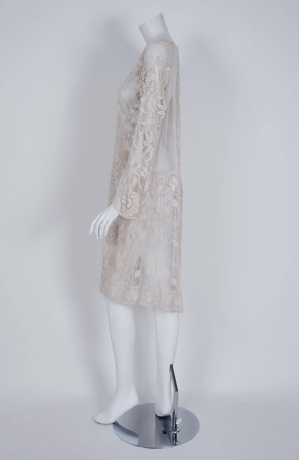 Women's Vintage 1920's Ivory Embroidered Net & Filet-Lace Angel Sleeve Bridal Jacket