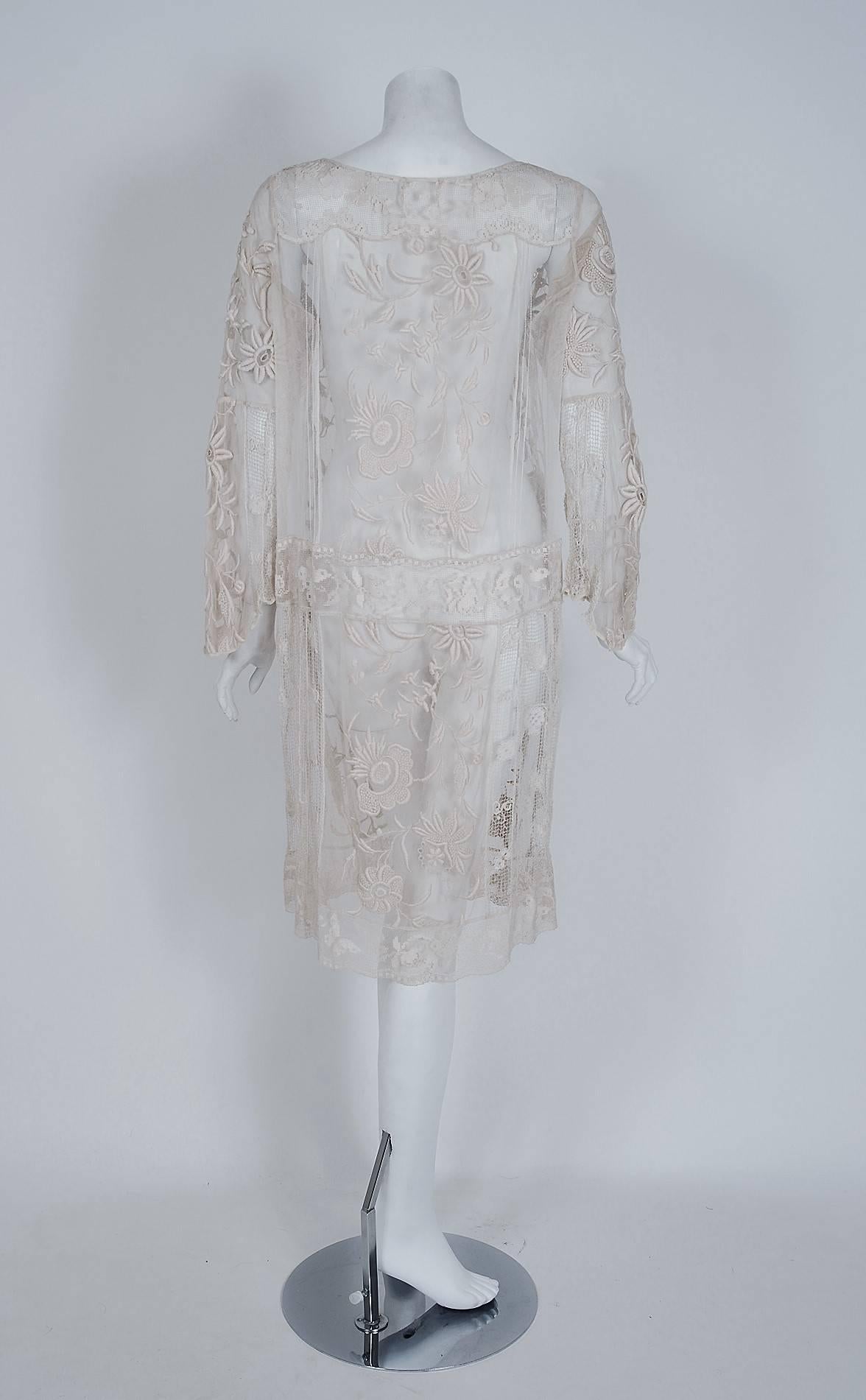 Vintage 1920's Ivory Embroidered Net & Filet-Lace Angel Sleeve Bridal Jacket 1