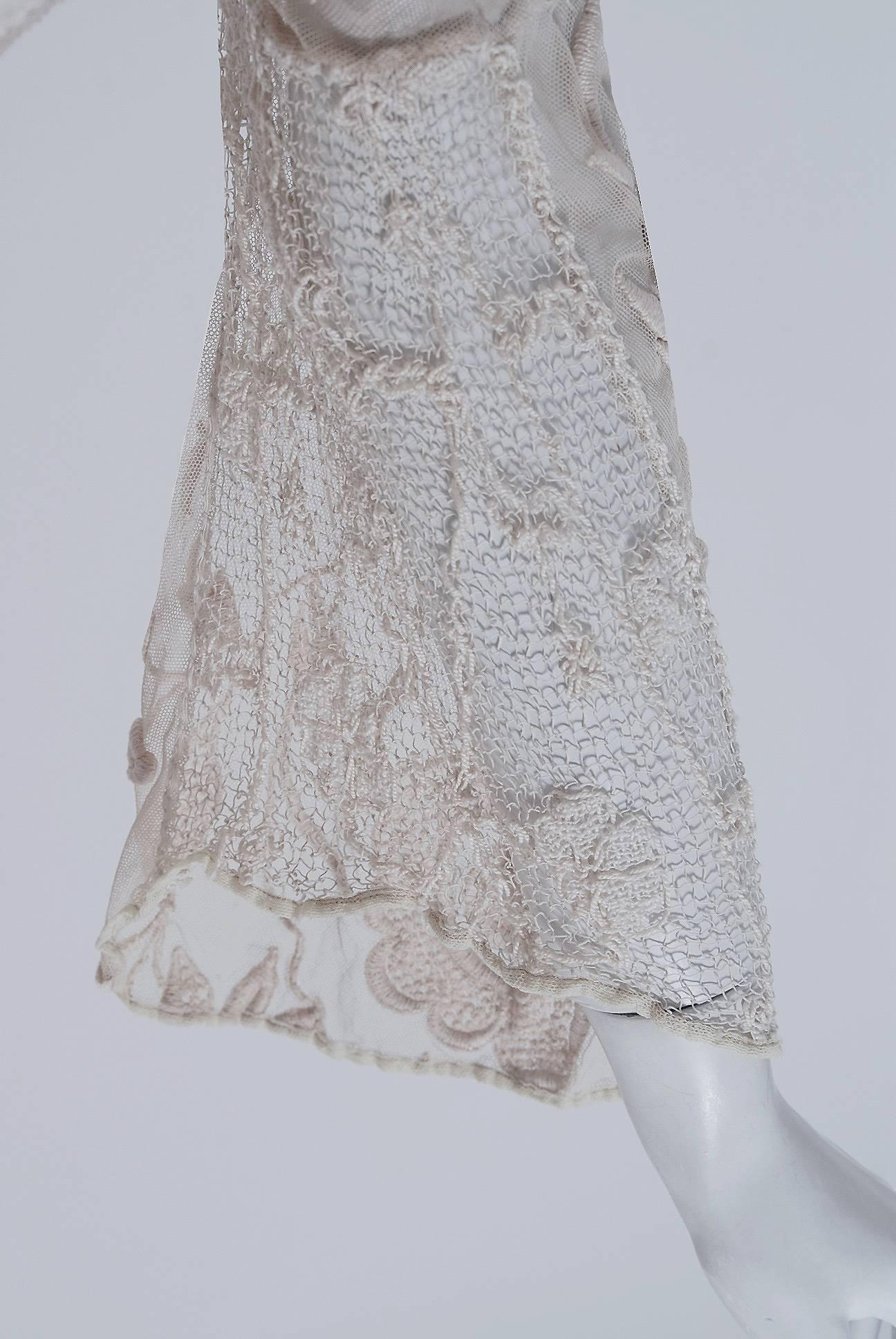 Gray Vintage 1920's Ivory Embroidered Net & Filet-Lace Angel Sleeve Bridal Jacket