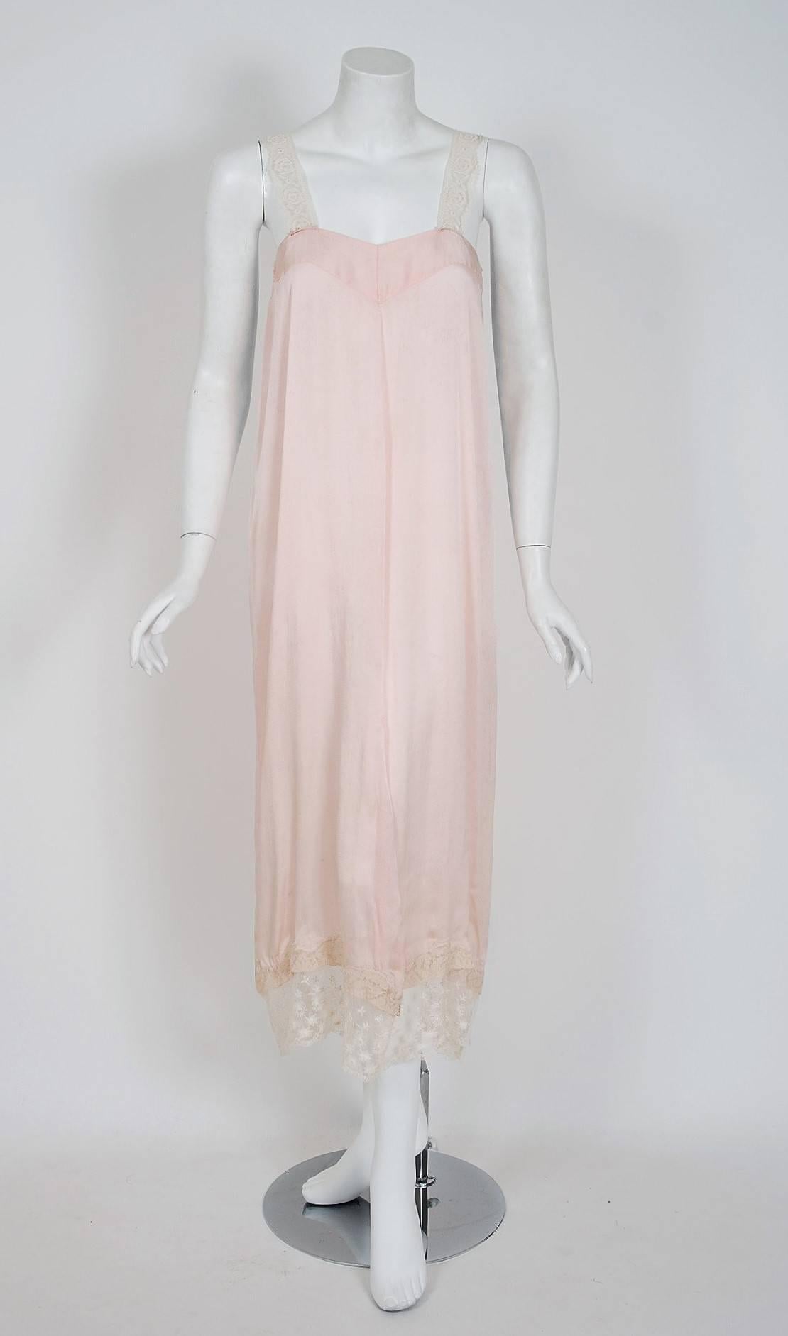 1920's French Embroidered Ivory-White Lace & Pink Silk Deco Flapper Day Dress 1