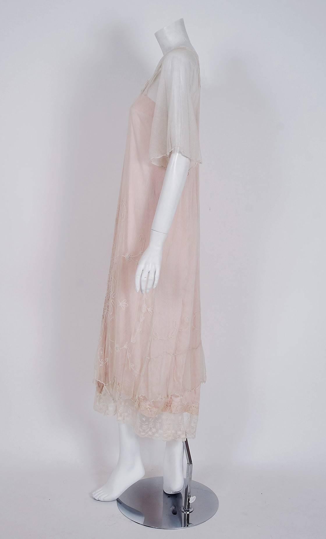 Gray 1920's French Embroidered Ivory-White Lace & Pink Silk Deco Flapper Day Dress