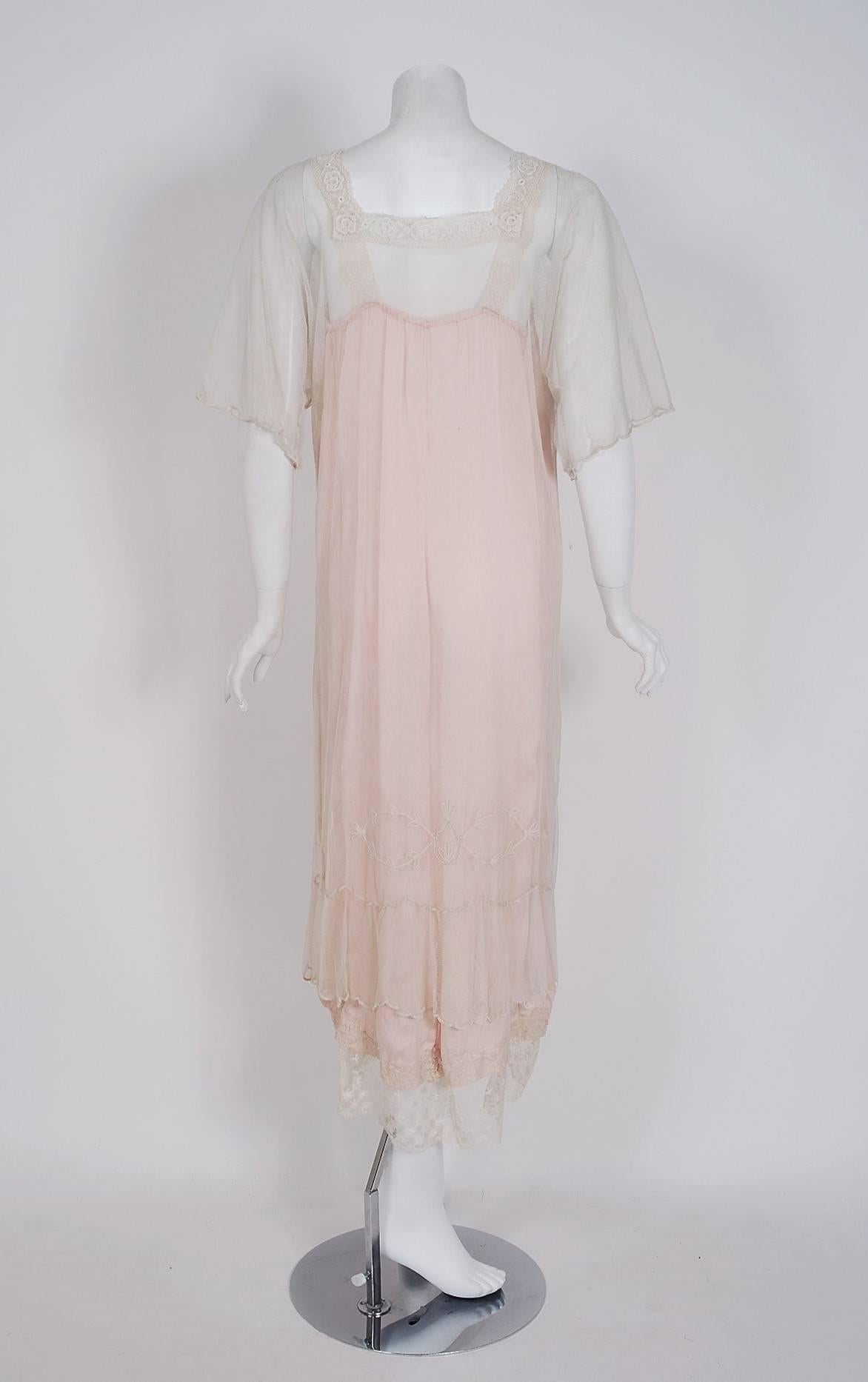 1920's French Embroidered Ivory-White Lace & Pink Silk Deco Flapper Day Dress 2