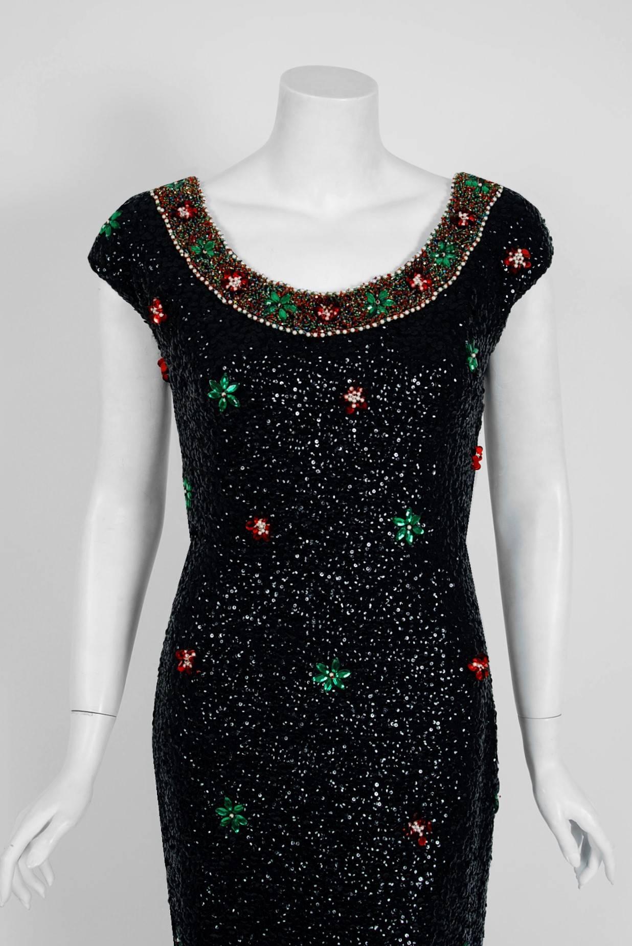 1950's Imperial designer glamour garments are in a class of their own! They are always fully-sequined by hand and fit to flatter the figure. This treasure has a fantastic red & green abstract-floral design worked in, featuring three-dimensional