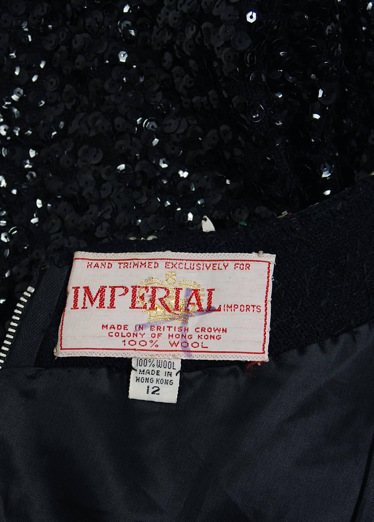 1950's Imperial Black Beaded Sequin Applique Wool-Knit Hourglass Evening Gown  In Good Condition In Beverly Hills, CA