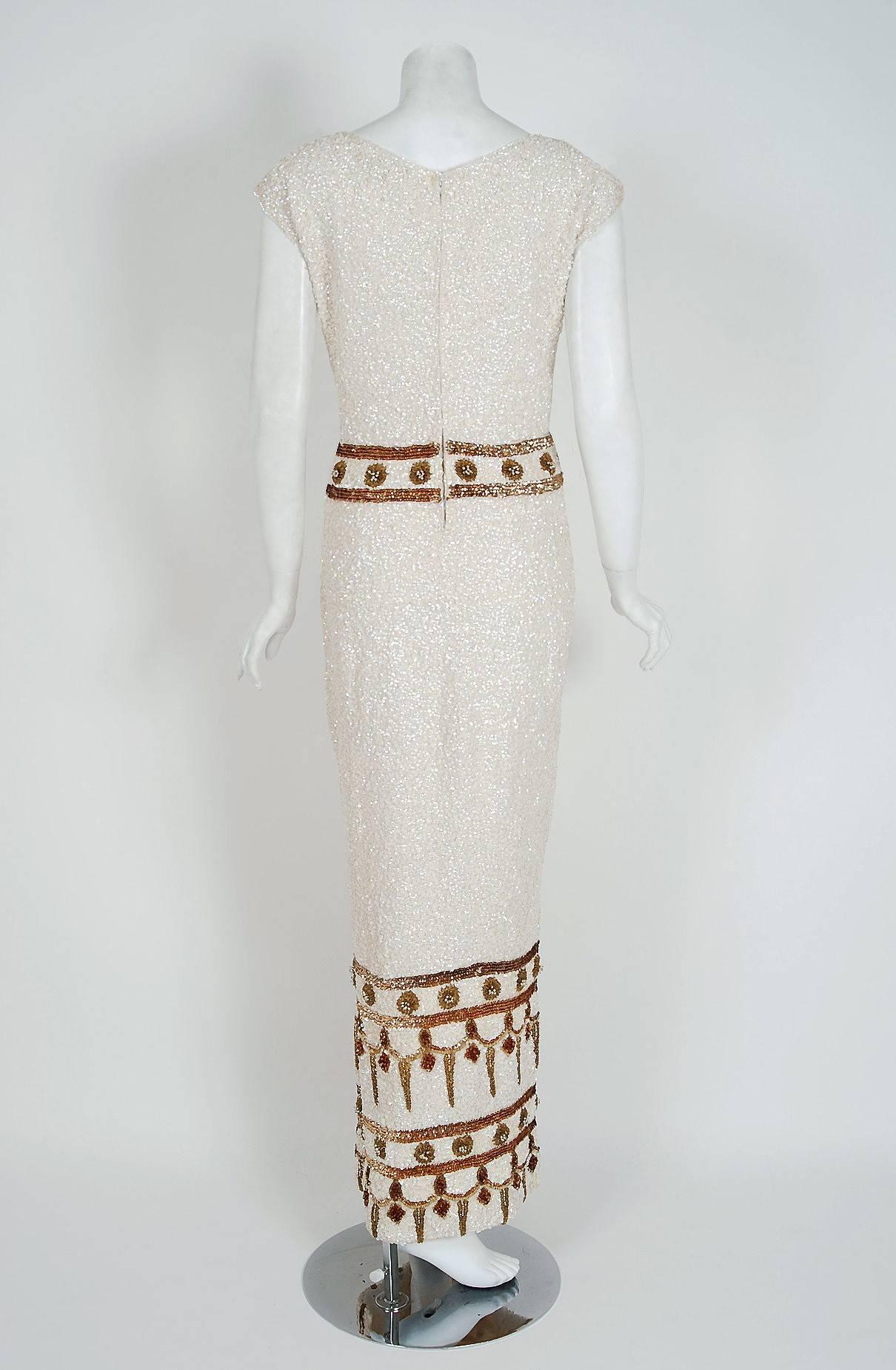 1950's Gene Shelly Ivory & Gold Beaded Sequin Wool-Knit Hourglass Evening Gown  1