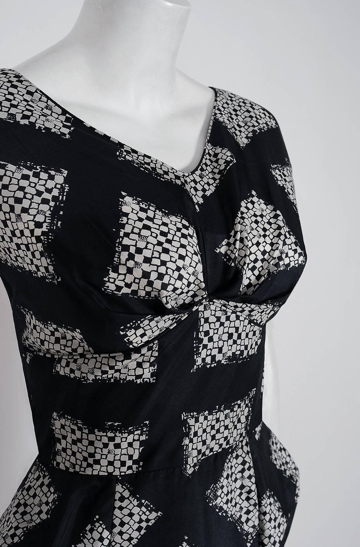 1940's Don Loper Black White Abstract Checkered Silk Shelf-Bust Dress & Bolero In Excellent Condition In Beverly Hills, CA
