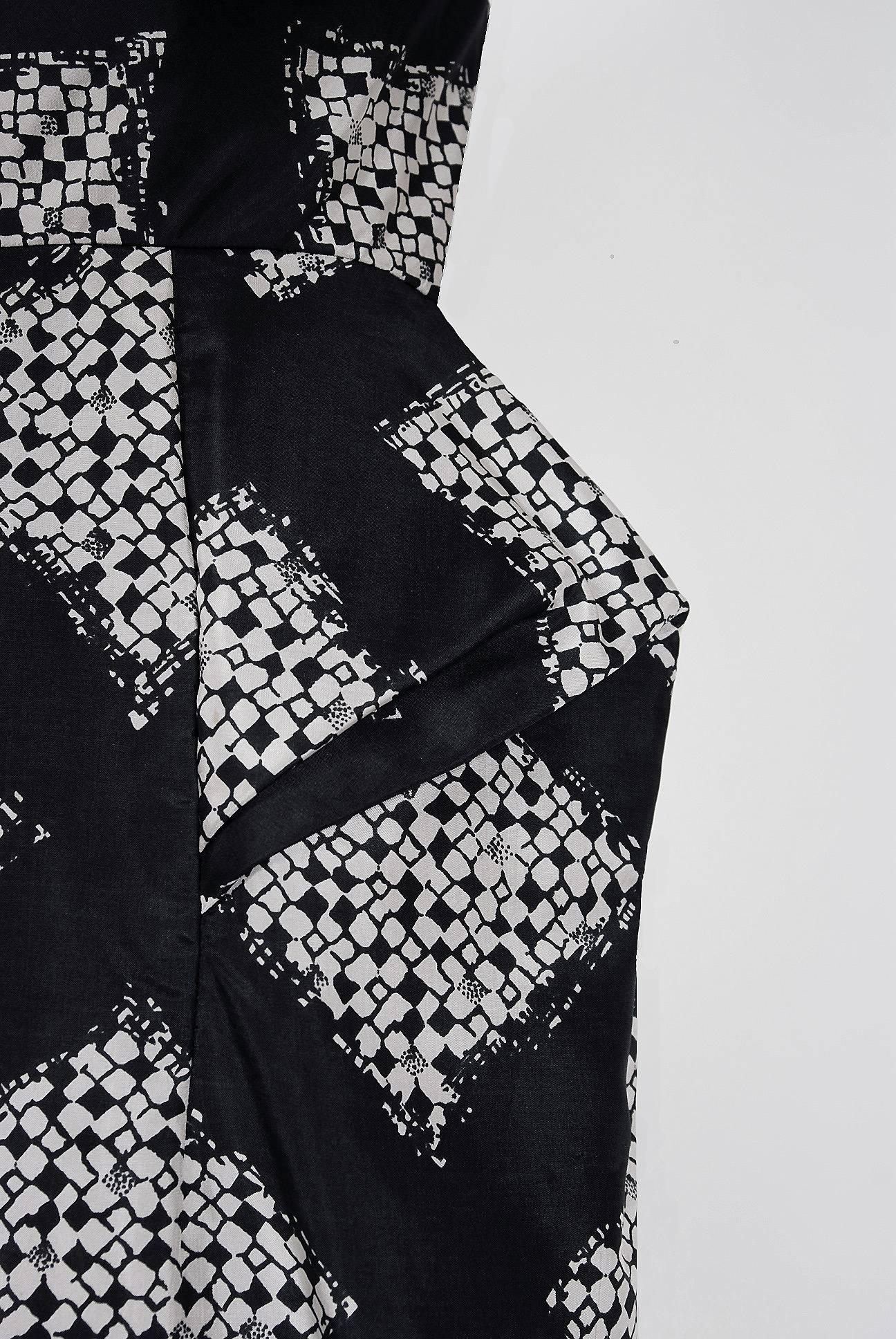 Women's 1940's Don Loper Black White Abstract Checkered Silk Shelf-Bust Dress & Bolero