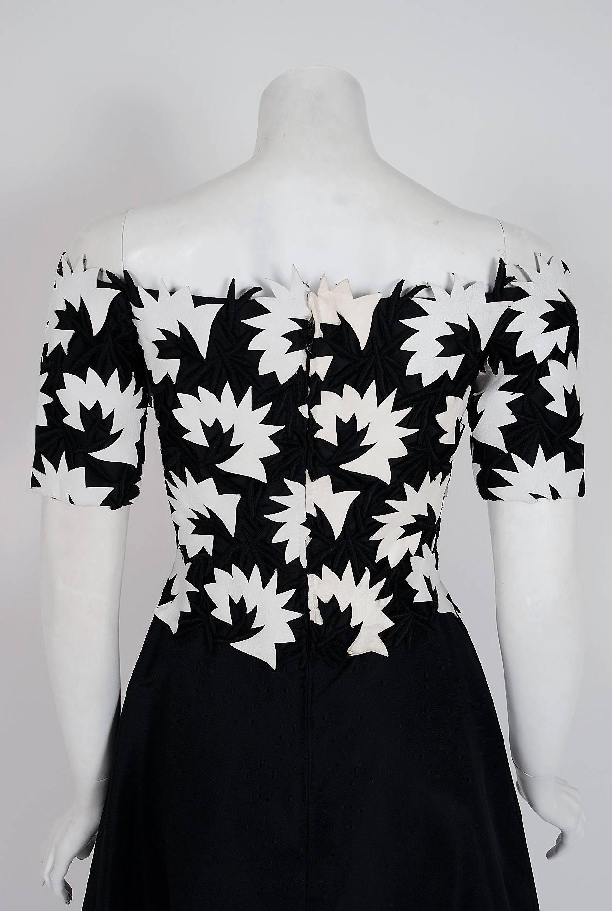Vintage 1960's Arnold Scaasi Black & White Leather Applique Silk Evening Dress In Good Condition For Sale In Beverly Hills, CA