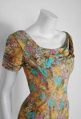 1950's Ceil Chapman Watercolor Floral Print Ruched Silk Hourglass Cocktail Dress