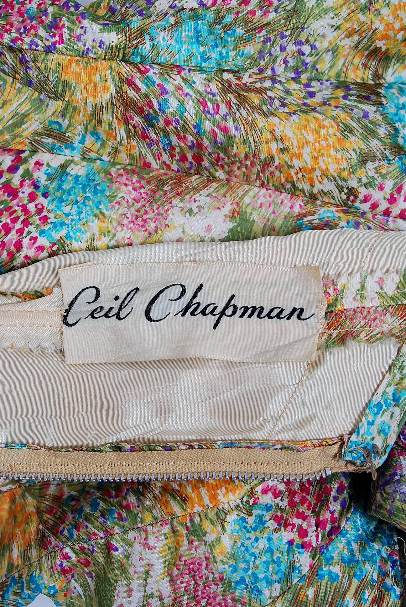 Vintage 1950's Ceil Chapman Watercolor Floral Print Ruched Silk Cocktail Dress In Good Condition For Sale In Beverly Hills, CA