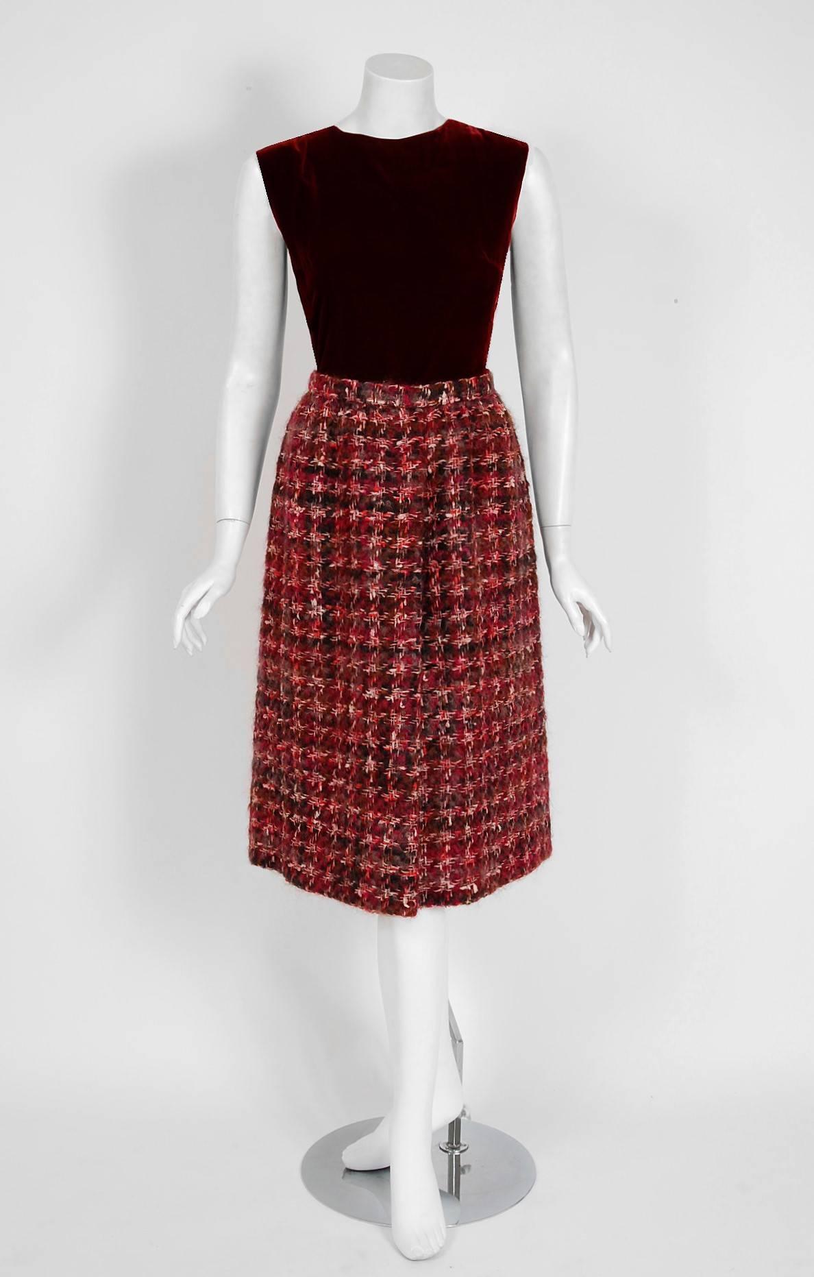 1964 Christian Dior Burgundy Wool-Tweed & Velvet Mod Dress Suit Scarf Ensemble  In Excellent Condition In Beverly Hills, CA