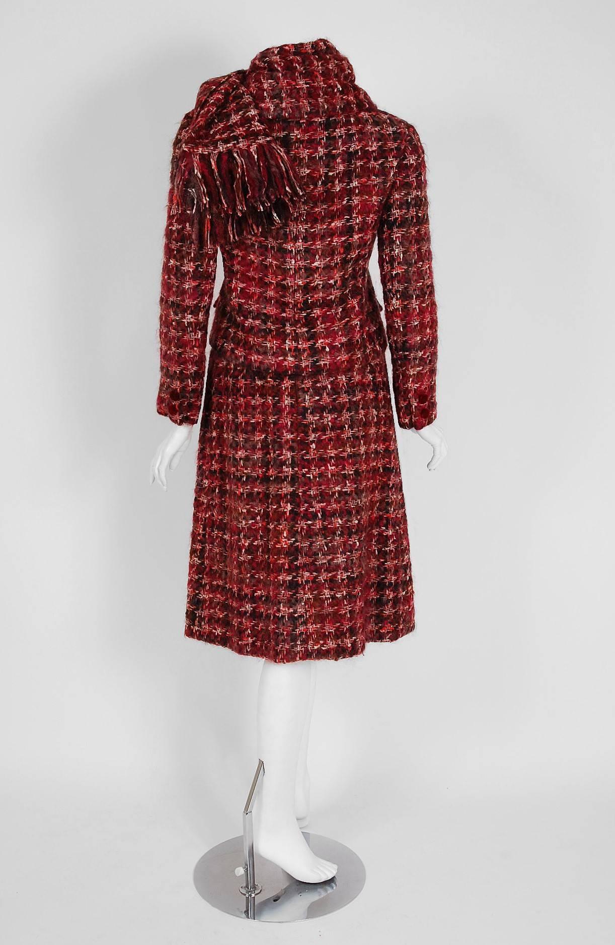 Women's 1964 Christian Dior Burgundy Wool-Tweed & Velvet Mod Dress Suit Scarf Ensemble 