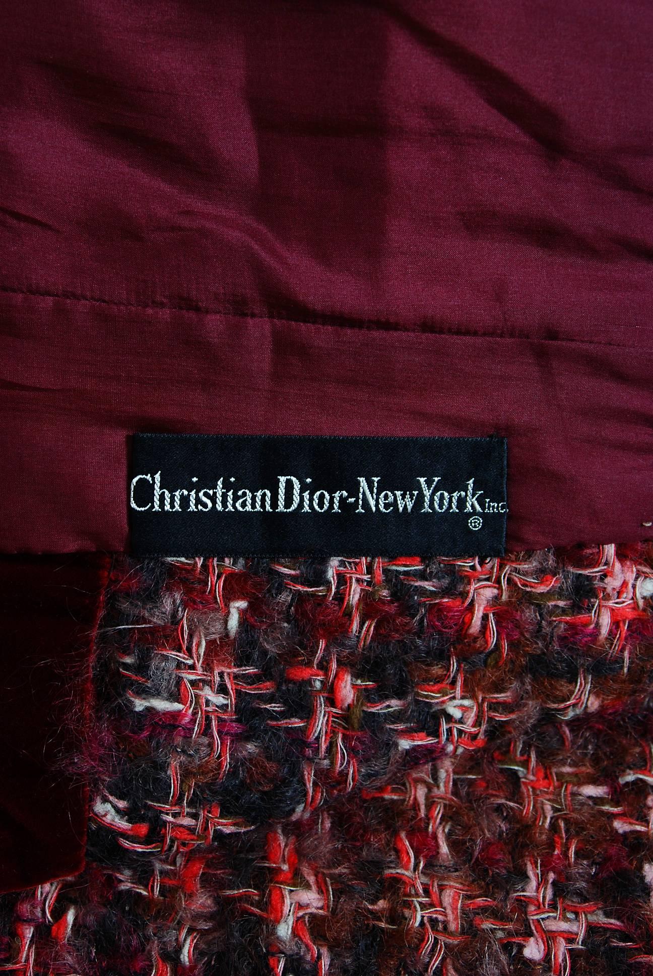 1964 Christian Dior Burgundy Wool-Tweed & Velvet Mod Dress Suit Scarf Ensemble  1